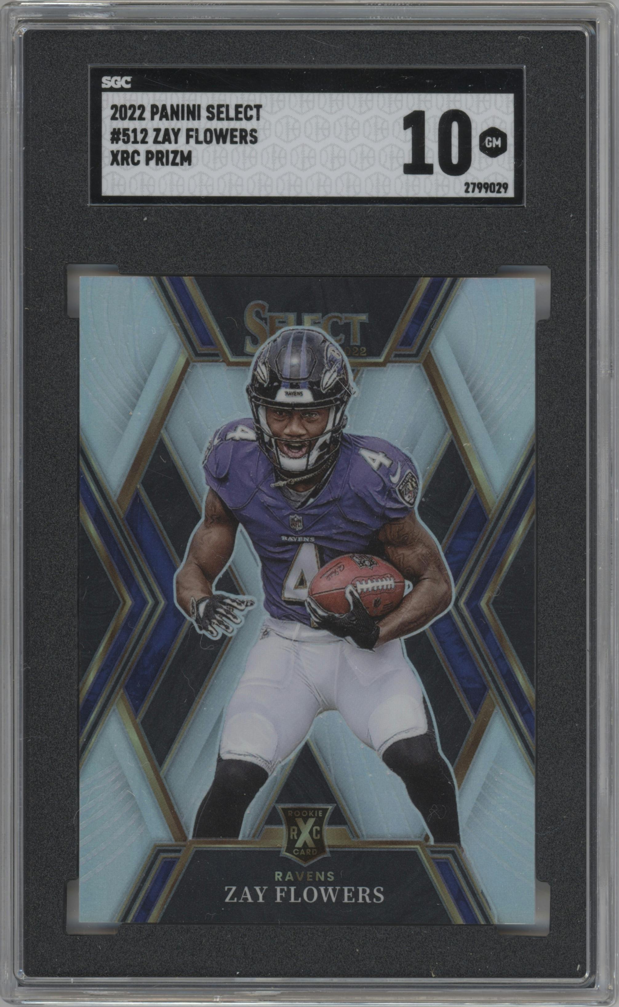 Zay Flowers from the 2022 Panini Select set graded by SGC and given an overall grade of 10.