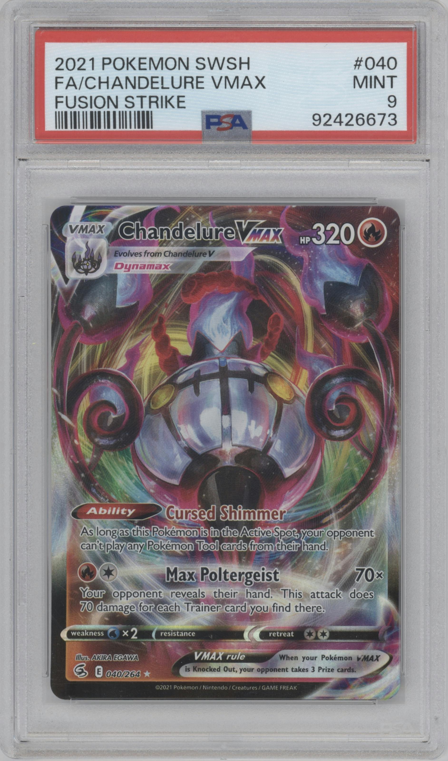 Chandelure VMax from the 2021 Pokemon SWSH set graded by PSA and given an overall grade of 9.