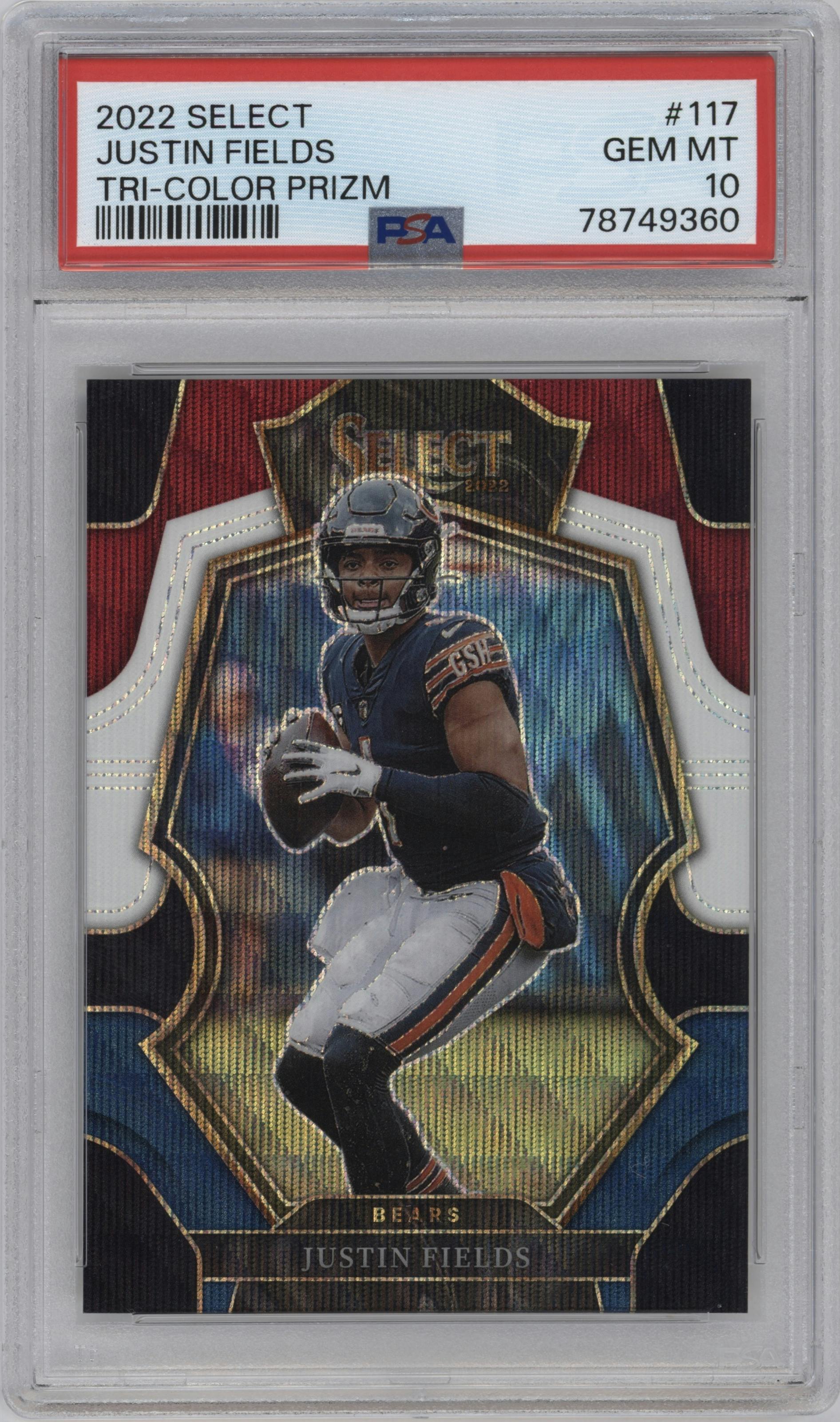 Justin Fields from the 2022 Panini Select set featuring a Tri-Color parallel graded by PSA and given an overall grade of 10.