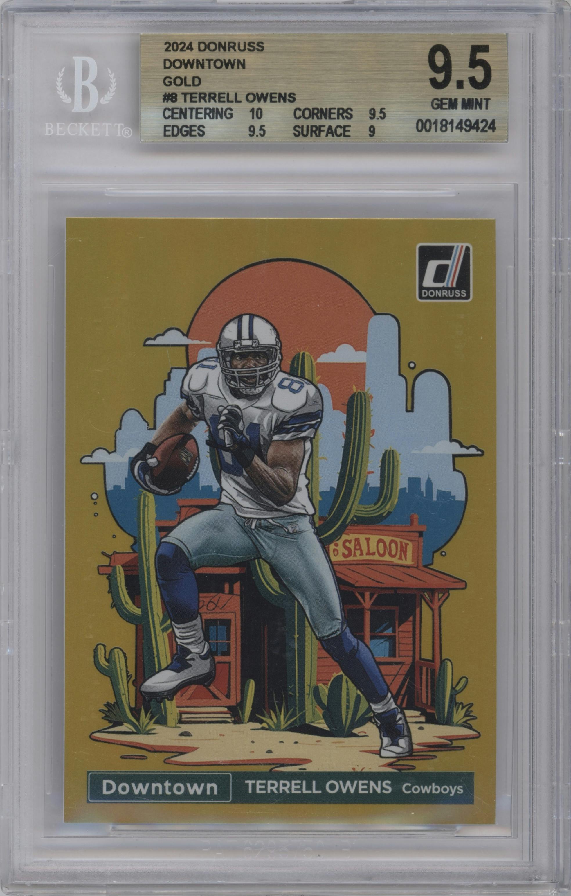Terrell Owens from the 2024 Donruss set featuring a Gold parallel graded by Beckett and given an overall grade of 9.5.