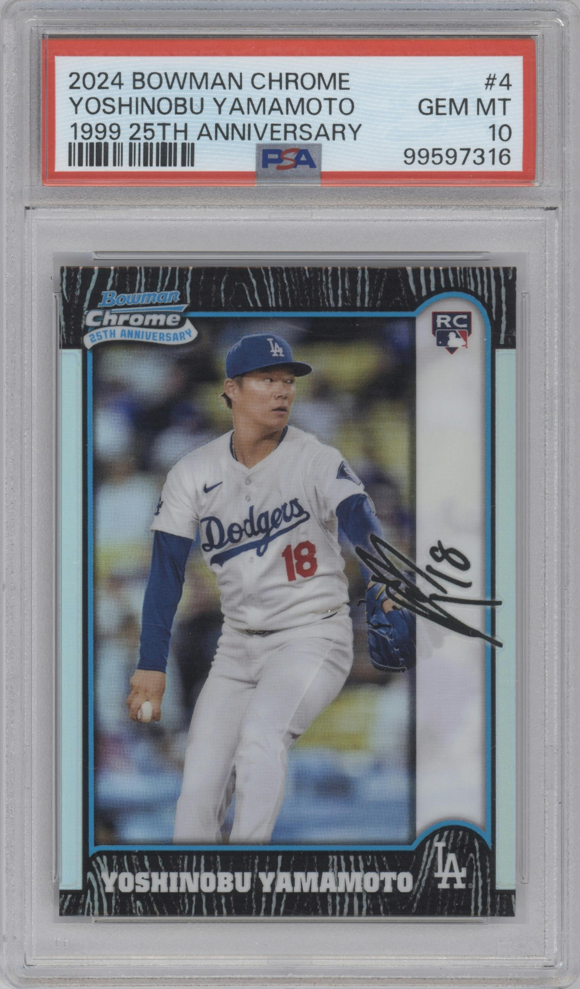 Yoshinobu Yamamoto from the 2024 Bowman Chrome set graded by PSA and given an overall grade of 10.