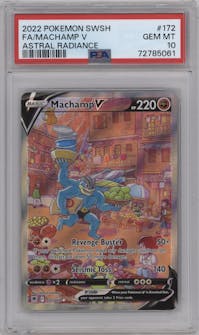 Machamp V from the 2022 Pokemon SWSH set graded by PSA and given an overall grade of 10.