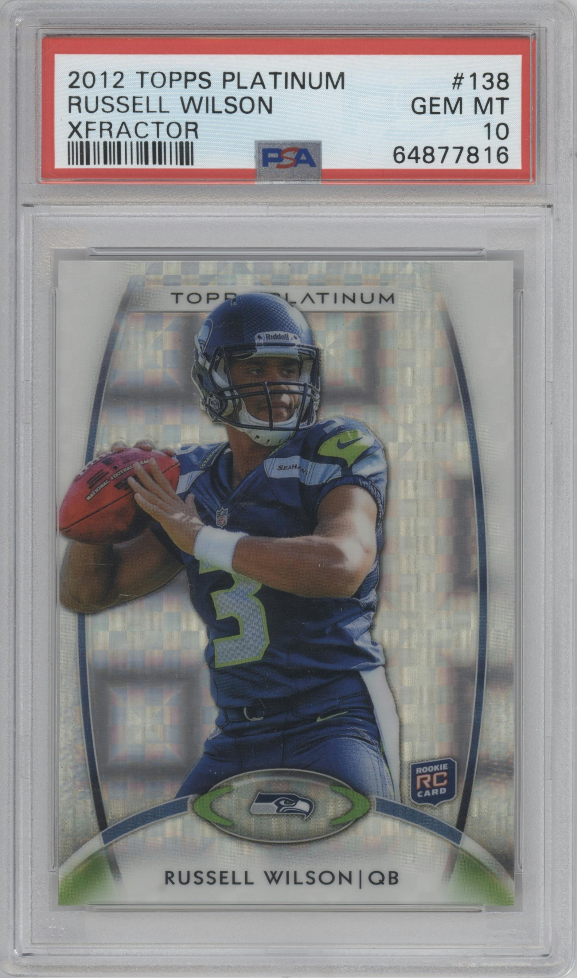 Russell Wilson from the 2012 Topps Platinum set featuring a X-Fractor parallel graded by PSA and given an overall grade of 10.