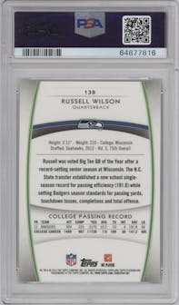 Russell Wilson from the 2012 Topps Platinum set featuring a X-Fractor parallel graded by PSA and given an overall grade of 10.
