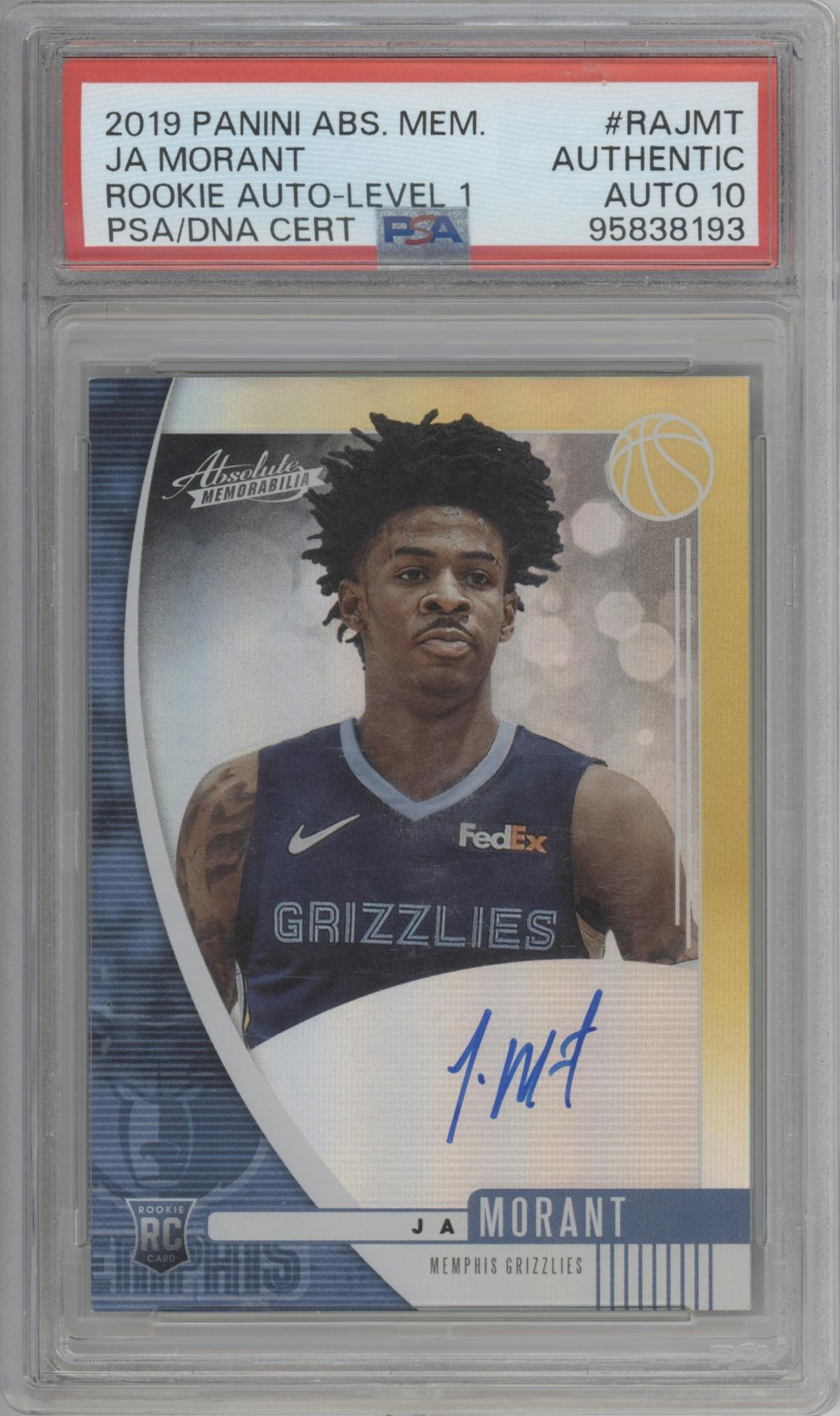 Ja Morant from the 2019-20 Panini Absolute Memorabilia set featuring a Lvl.1 parallel graded by PSA.