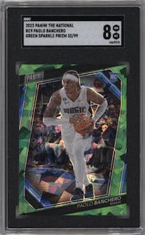 Paolo Banchero from the 2023 Panini The National VIP set featuring a Green Sparkle parallel graded by SGC and given an overall grade of 8.