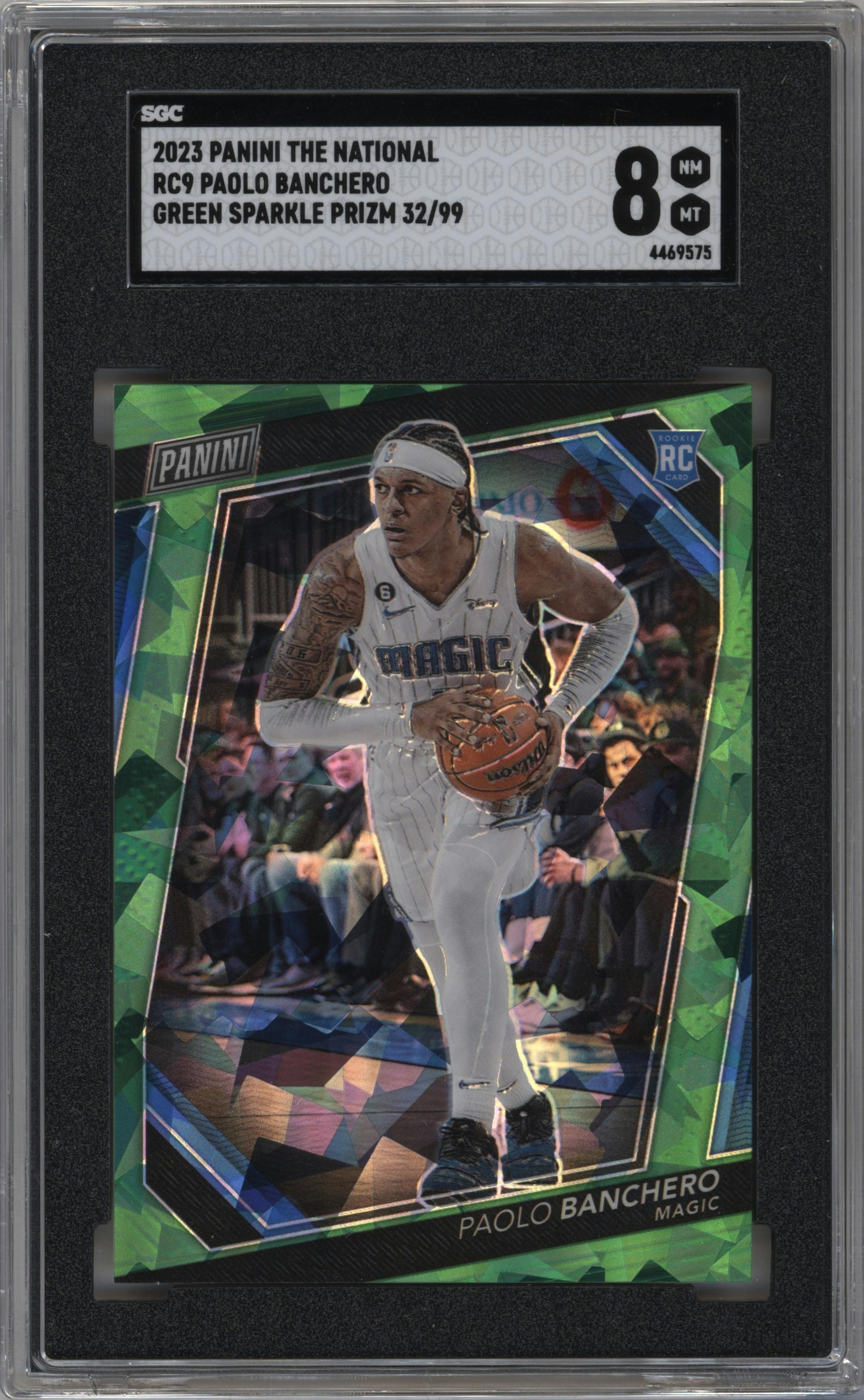 Paolo Banchero from the 2023 Panini The National VIP set featuring a Green Sparkle parallel graded by SGC and given an overall grade of 8.