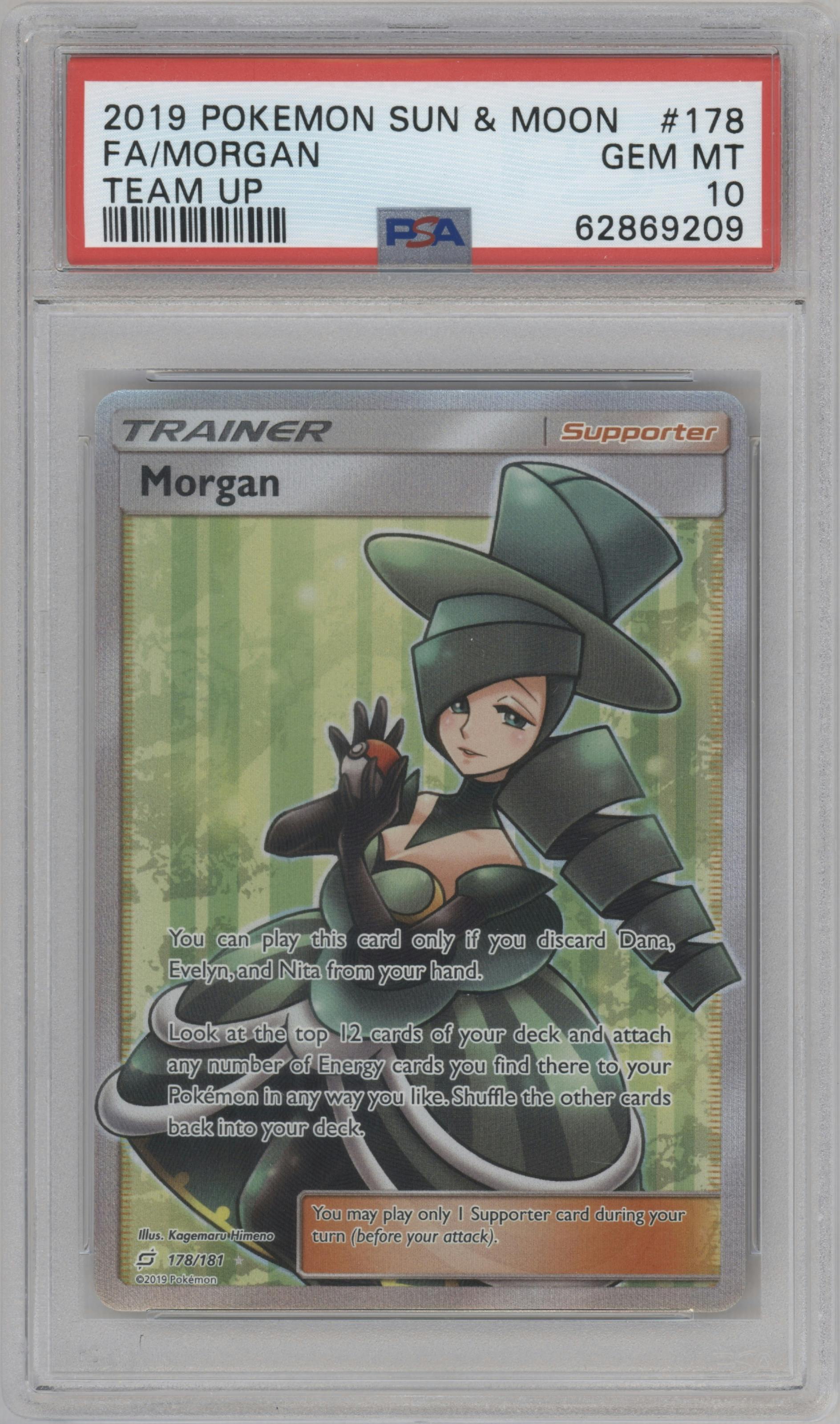 Morgan from the 2019 Pokemon S&M  set graded by PSA and given an overall grade of 10.