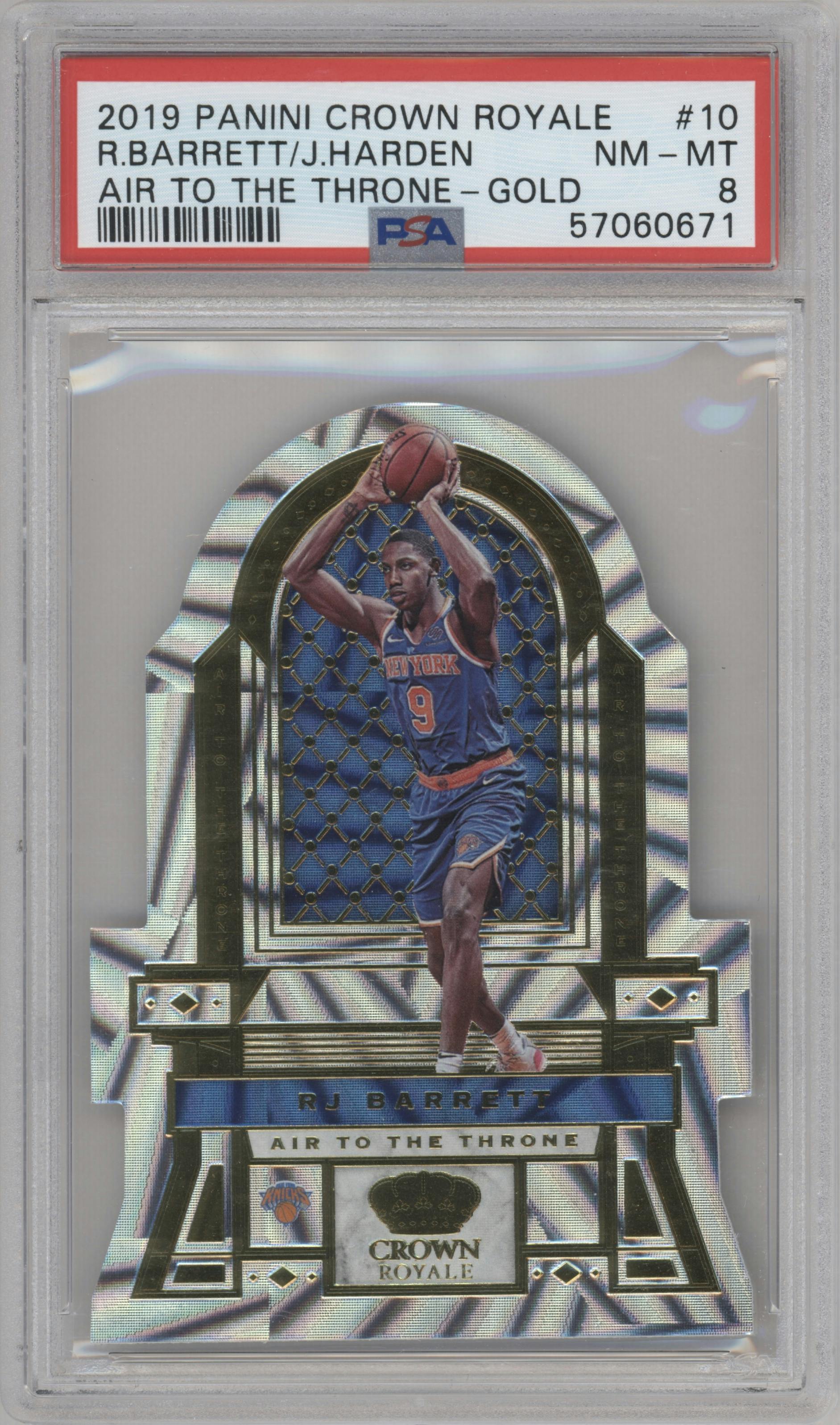 RJ Barrett/James Harden from the 2019-20 Panini Crown Royale set featuring a Gold parallel graded by PSA and given an overall grade of 8.