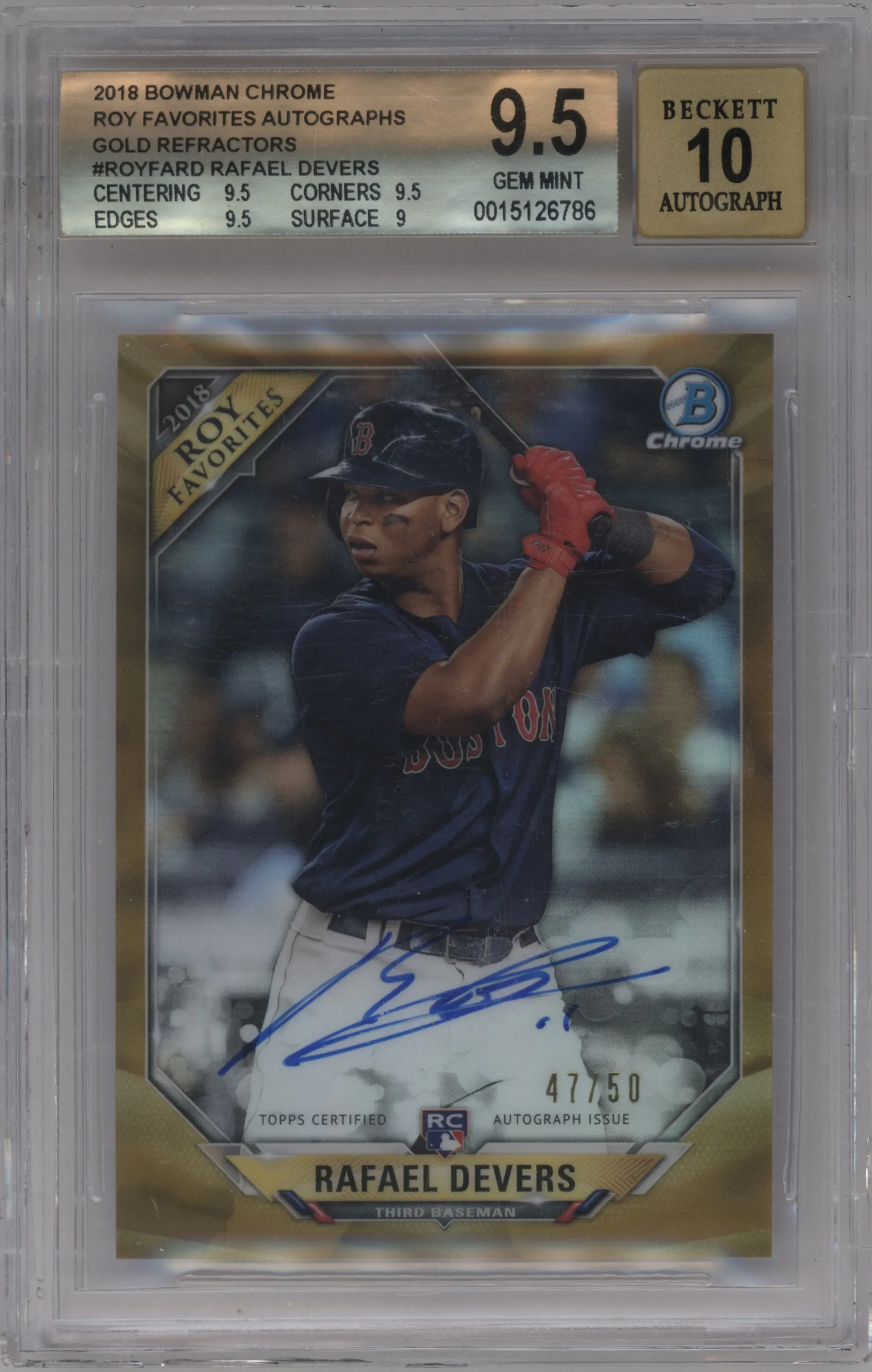 2018 Bowman ROY Favorites Auto Rafael Devers Gold Refractor BGS 9.5