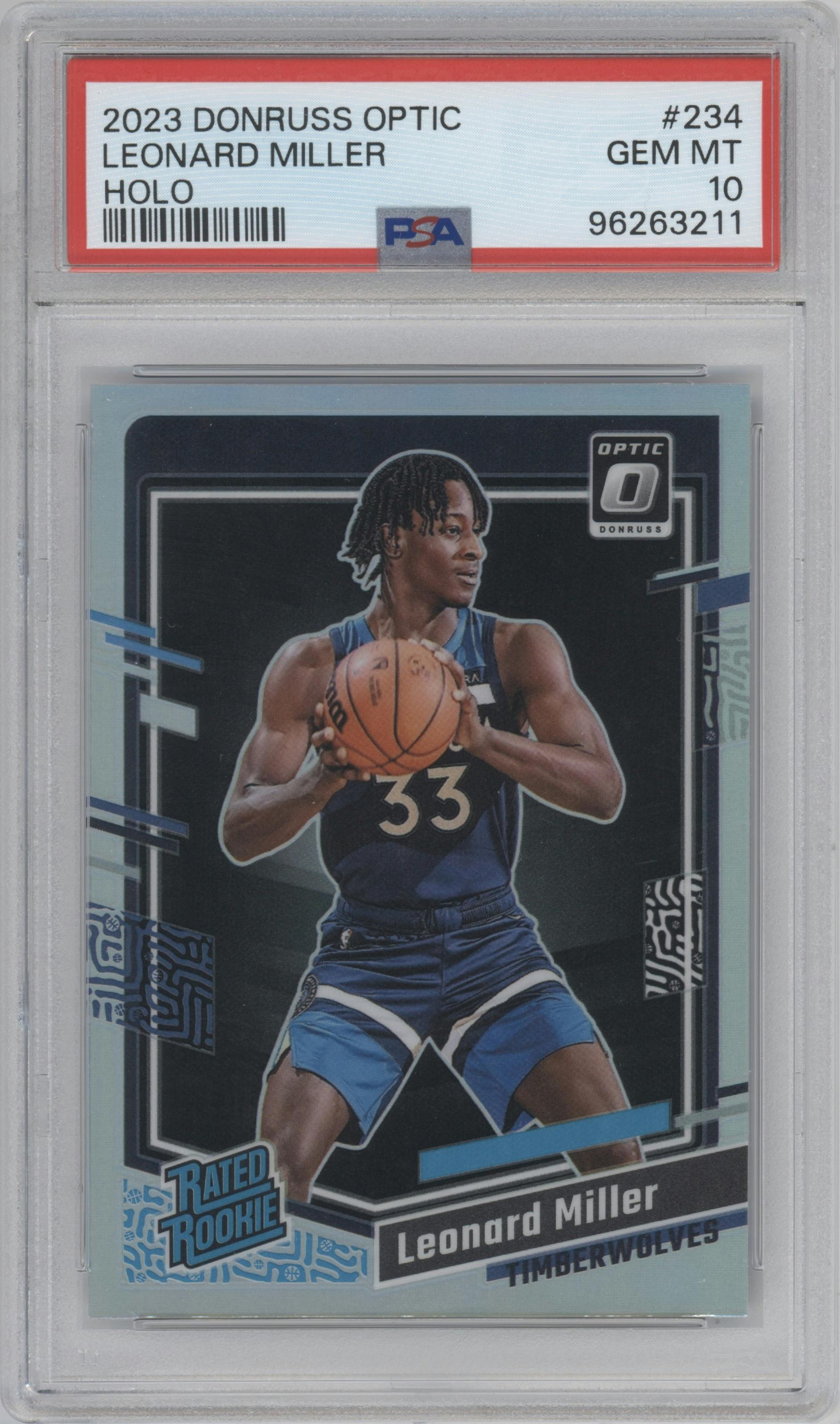 Leonard Miller  from the 2023-24 Donruss Optic set featuring a Holo parallel graded by PSA and given an overall grade of 10.