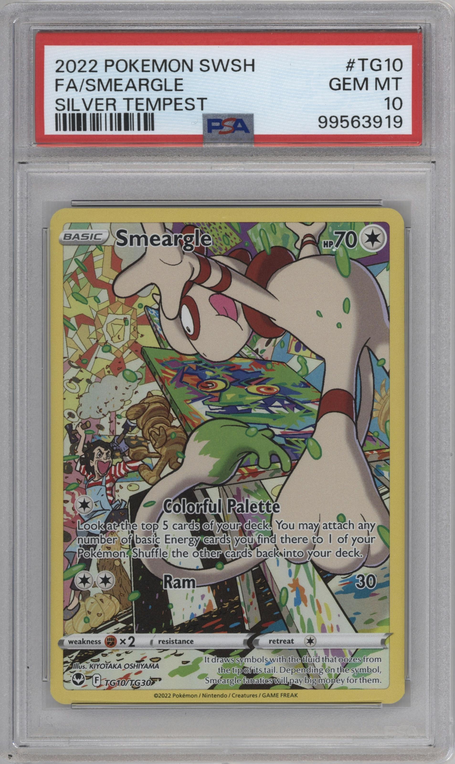 Smeargle from the 2022 Pokemon SWSH set graded by PSA and given an overall grade of 10.
