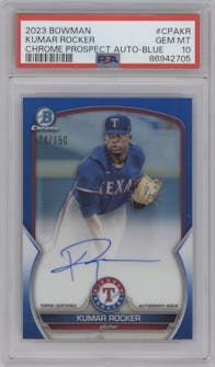 Kumar Rocker from the 2023 Bowman  set featuring a Blue Refractor parallel graded by PSA and given an overall grade of 10.