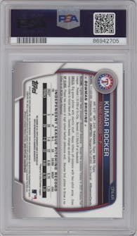 Kumar Rocker from the 2023 Bowman  set featuring a Blue Refractor parallel graded by PSA and given an overall grade of 10.