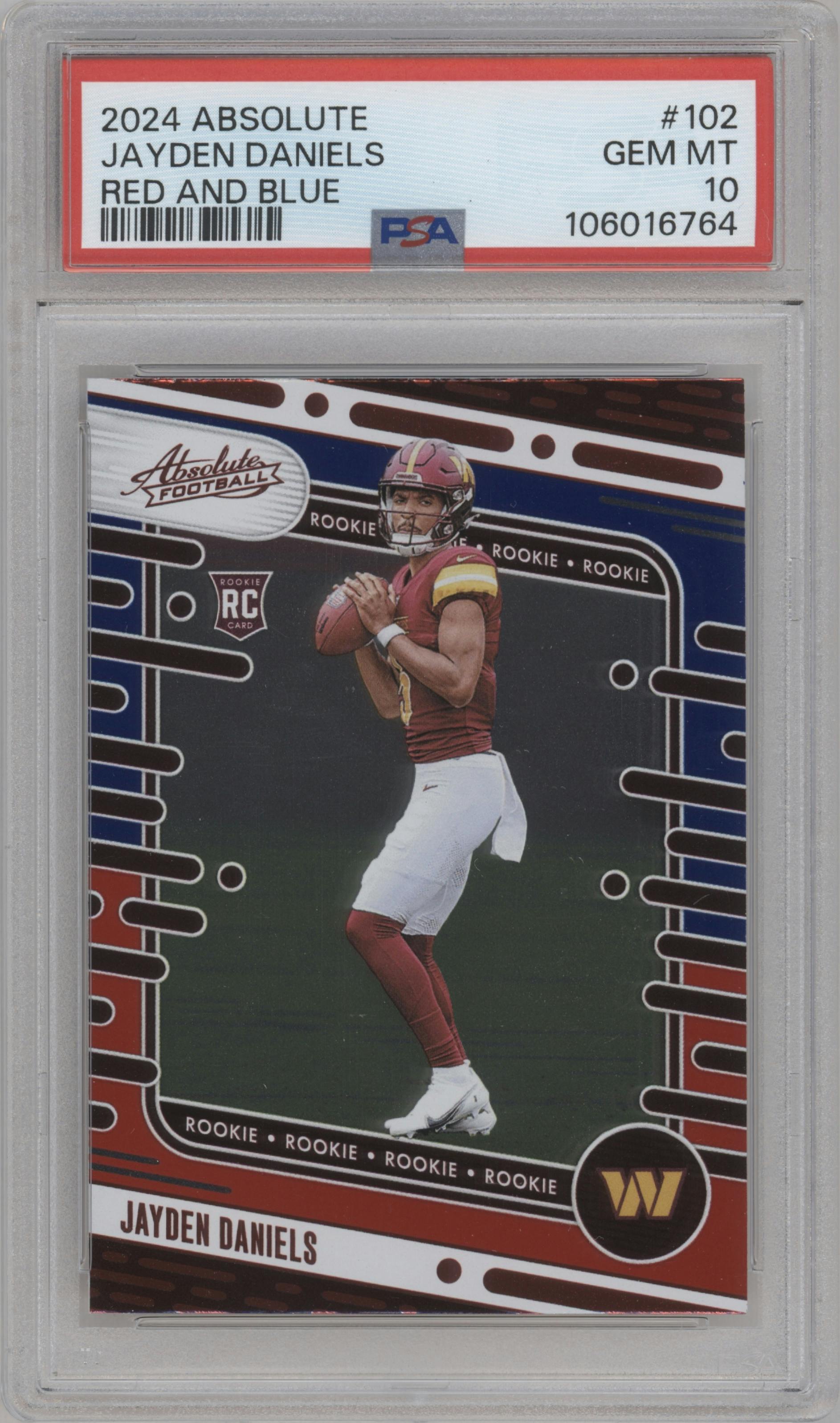 Jayden Daniels from the 2024 Panini Absolute set featuring a Red & Blue parallel graded by PSA and given an overall grade of 10.