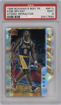 Kobe Bryant from the 1996-97 Bowman’s Best  set featuring a Atomic Refractor parallel graded by PSA and given an overall grade of 9.