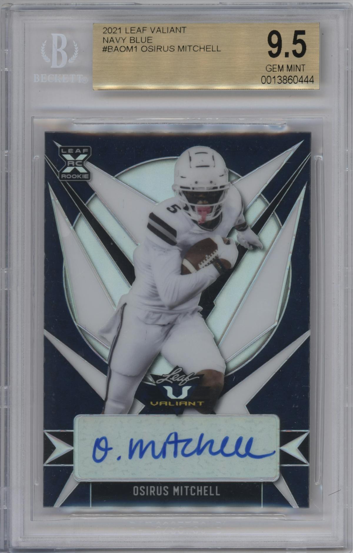 Osirus Mitchell from the 2021 Leaf Valiant set featuring a Navy Blue parallel graded by Beckett and given an overall grade of 9.5.