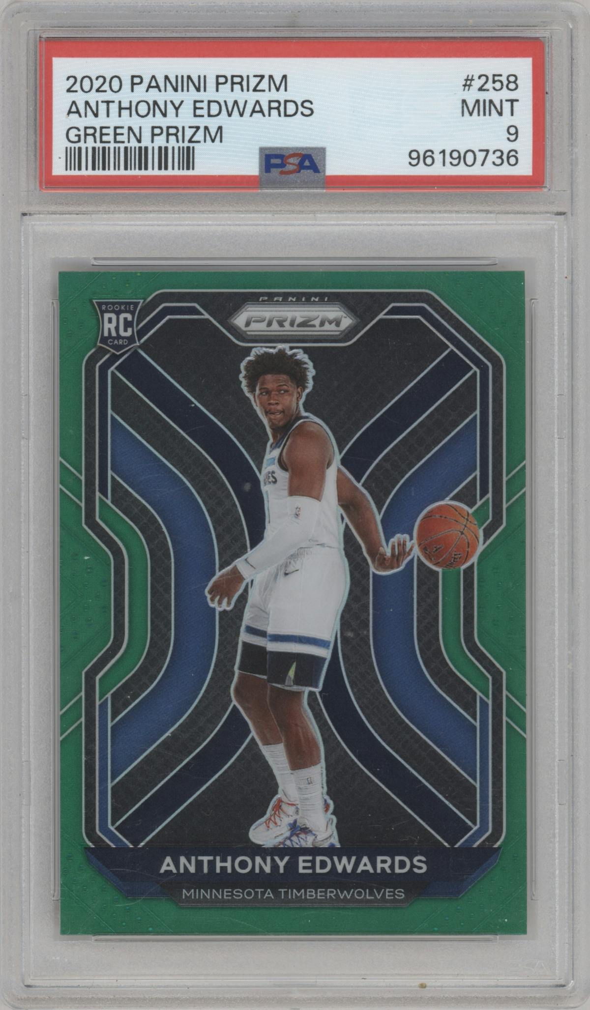 Anthony Edwards from the 2020-21 Panini Prizm set featuring a Green Prizm parallel graded by PSA and given an overall grade of 9.