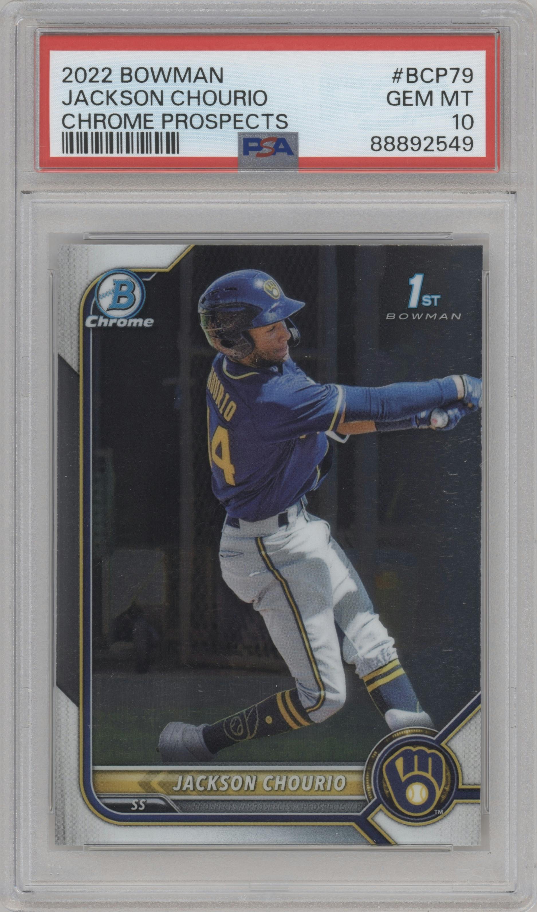 Jackson Chourio from the 2022 Bowman set graded by PSA and given an overall grade of 10.