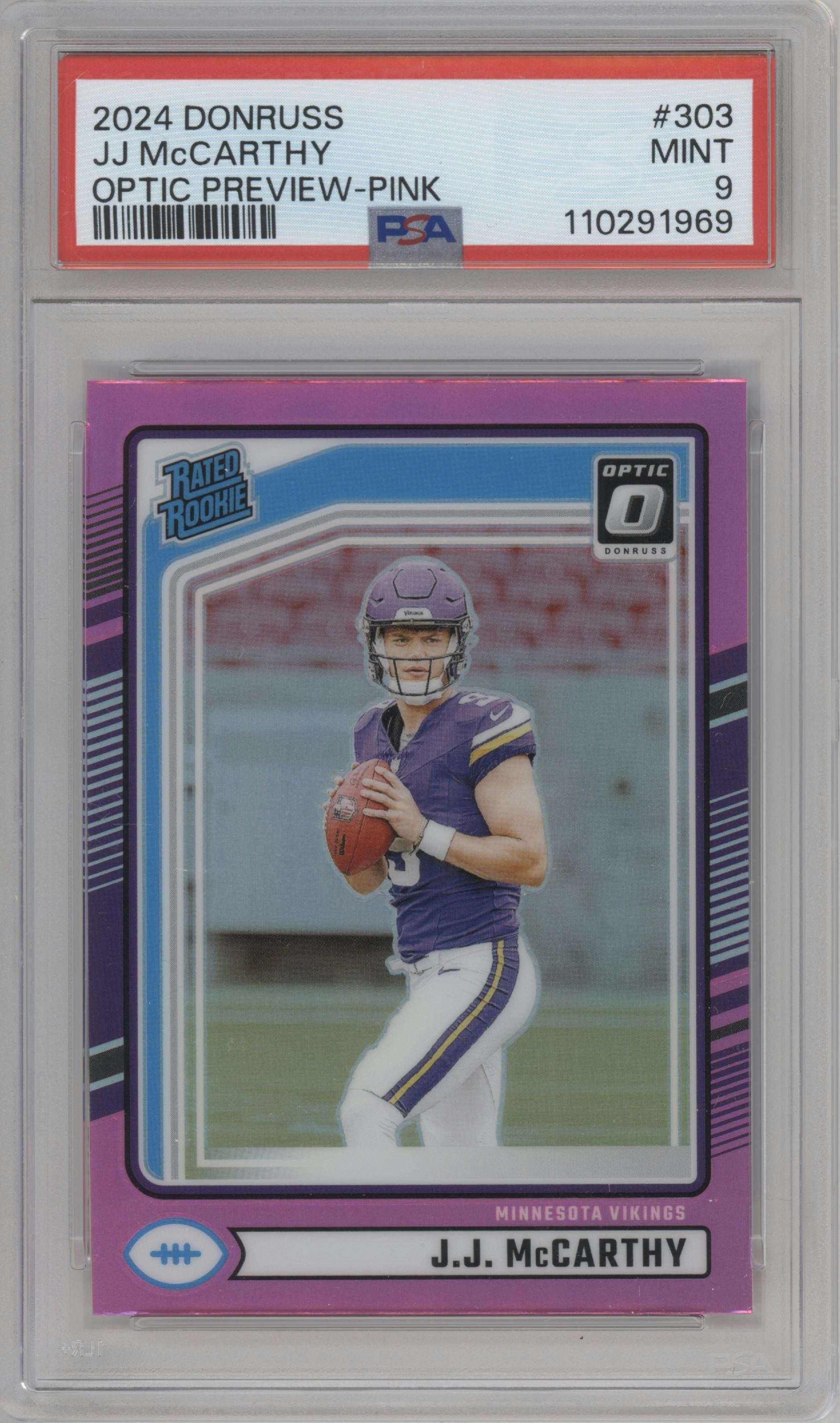 J.J. McCarthy from the 2024 Donruss set featuring a Pink parallel graded by PSA and given an overall grade of 9.