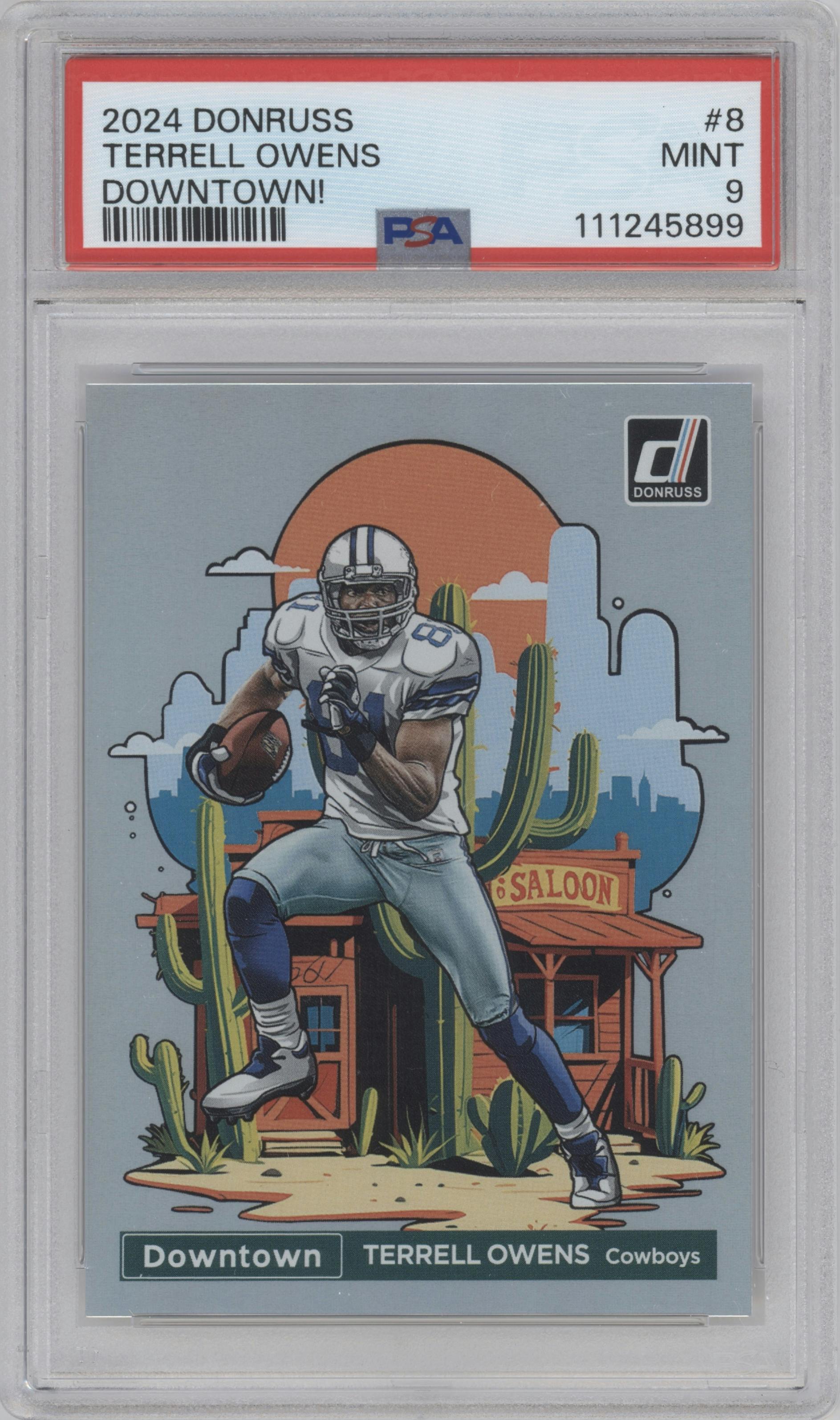 Terrell Owens from the 2024 Donruss set graded by PSA and given an overall grade of 9.