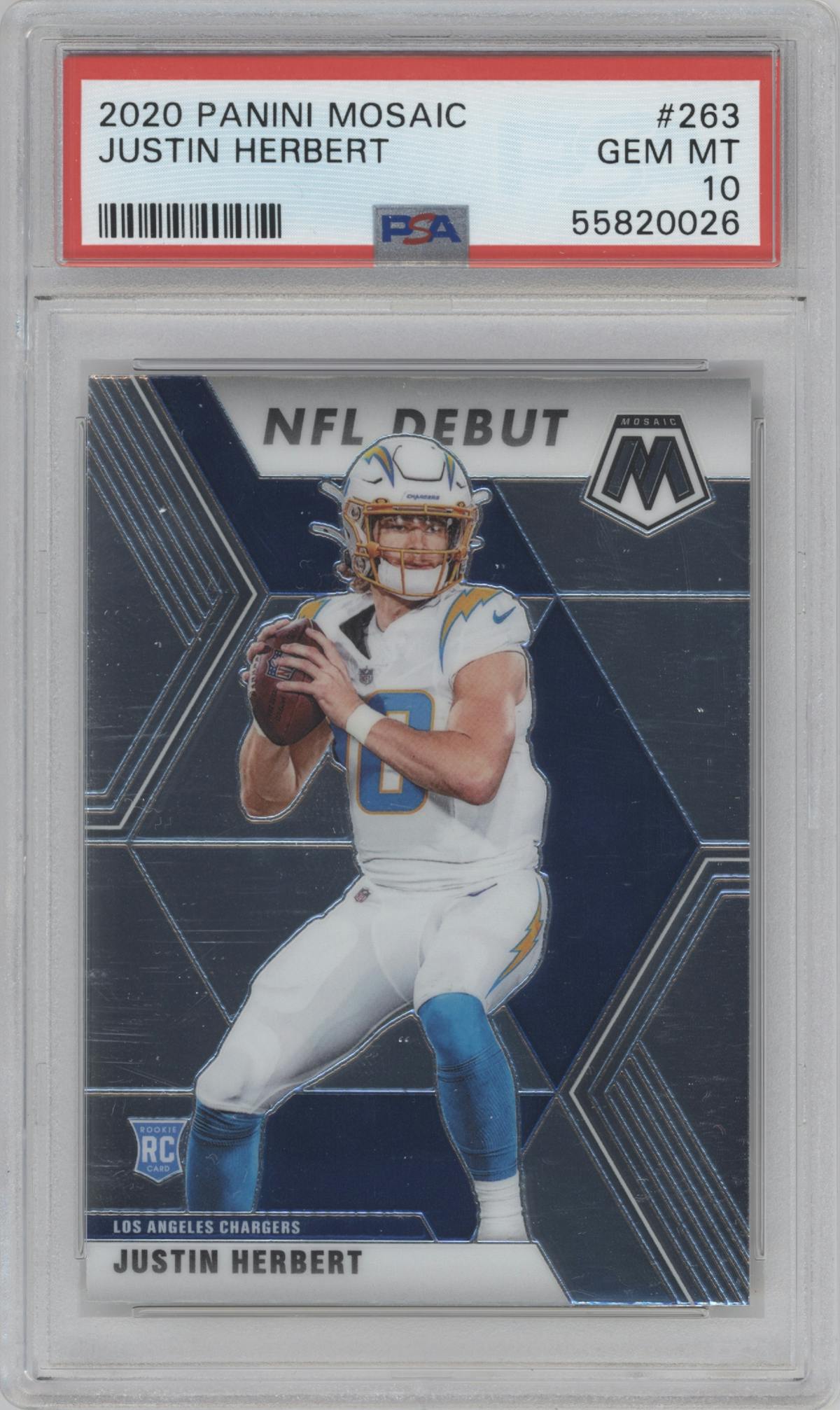 Justin Herbert from the 2020 Panini Mosaic set graded by PSA and given an overall grade of 10.