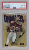 Jerry Rice from the 1997 Topps Finest set featuring a Embossed parallel graded by PSA and given an overall grade of 8.