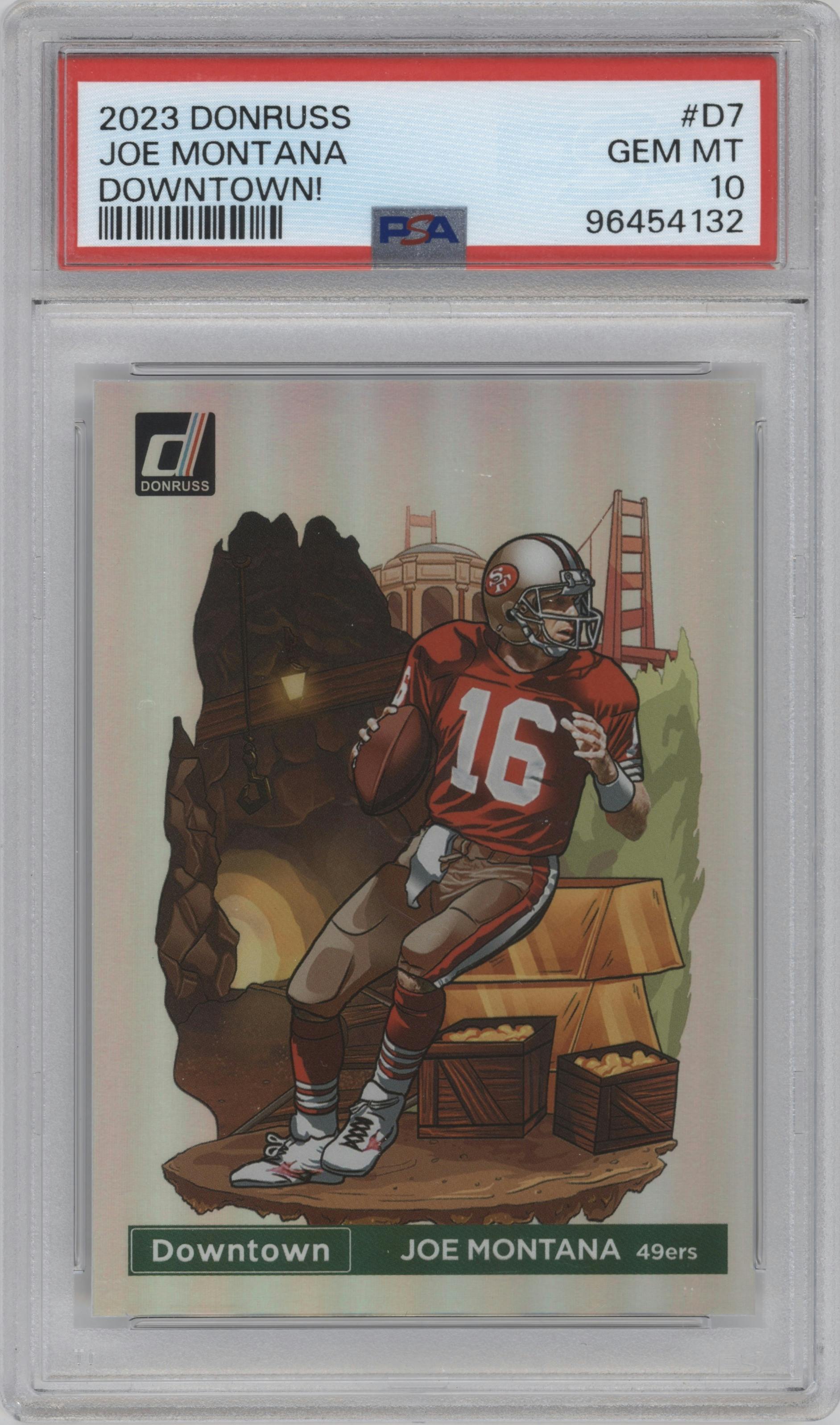 Joe Montana from the 2023 Panini Donruss set graded by PSA and given an overall grade of 10.