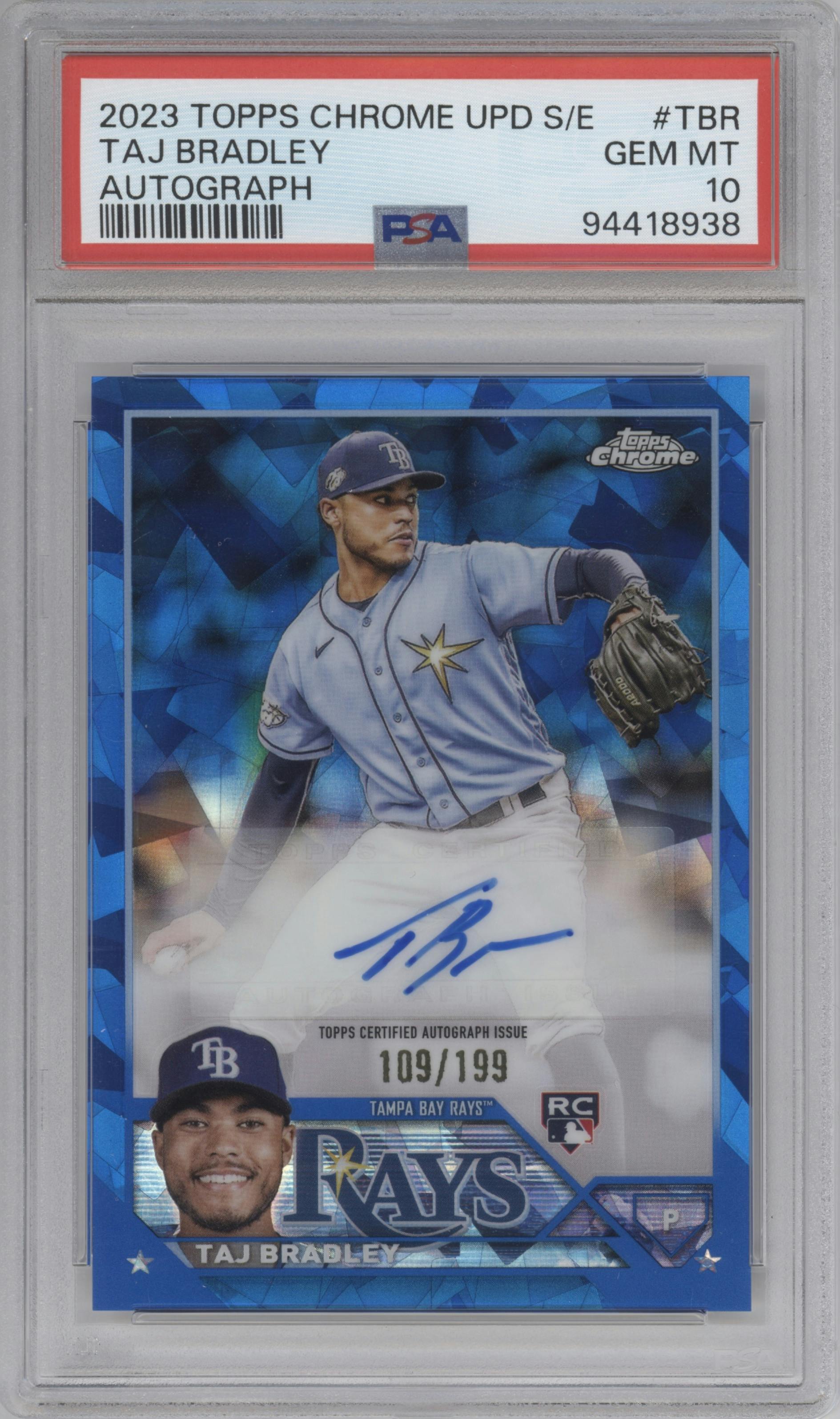 Taj Bradley from the 2023 Topps Chrome Update Series Sapphire Edition set graded by PSA and given an overall grade of 10.