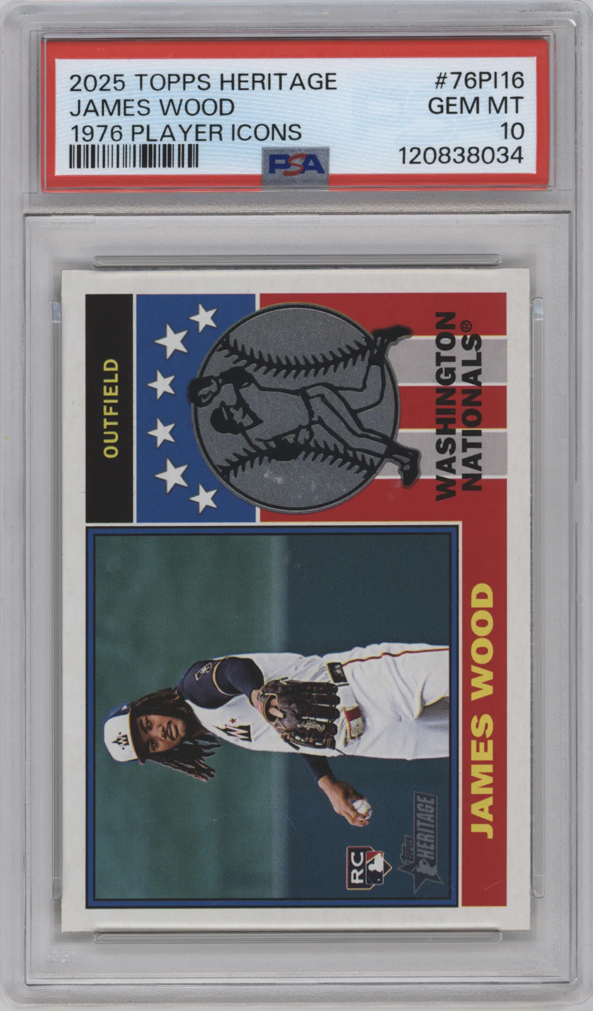 James Wood  from the 2025 Topps Heritage set graded by PSA and given an overall grade of 10.