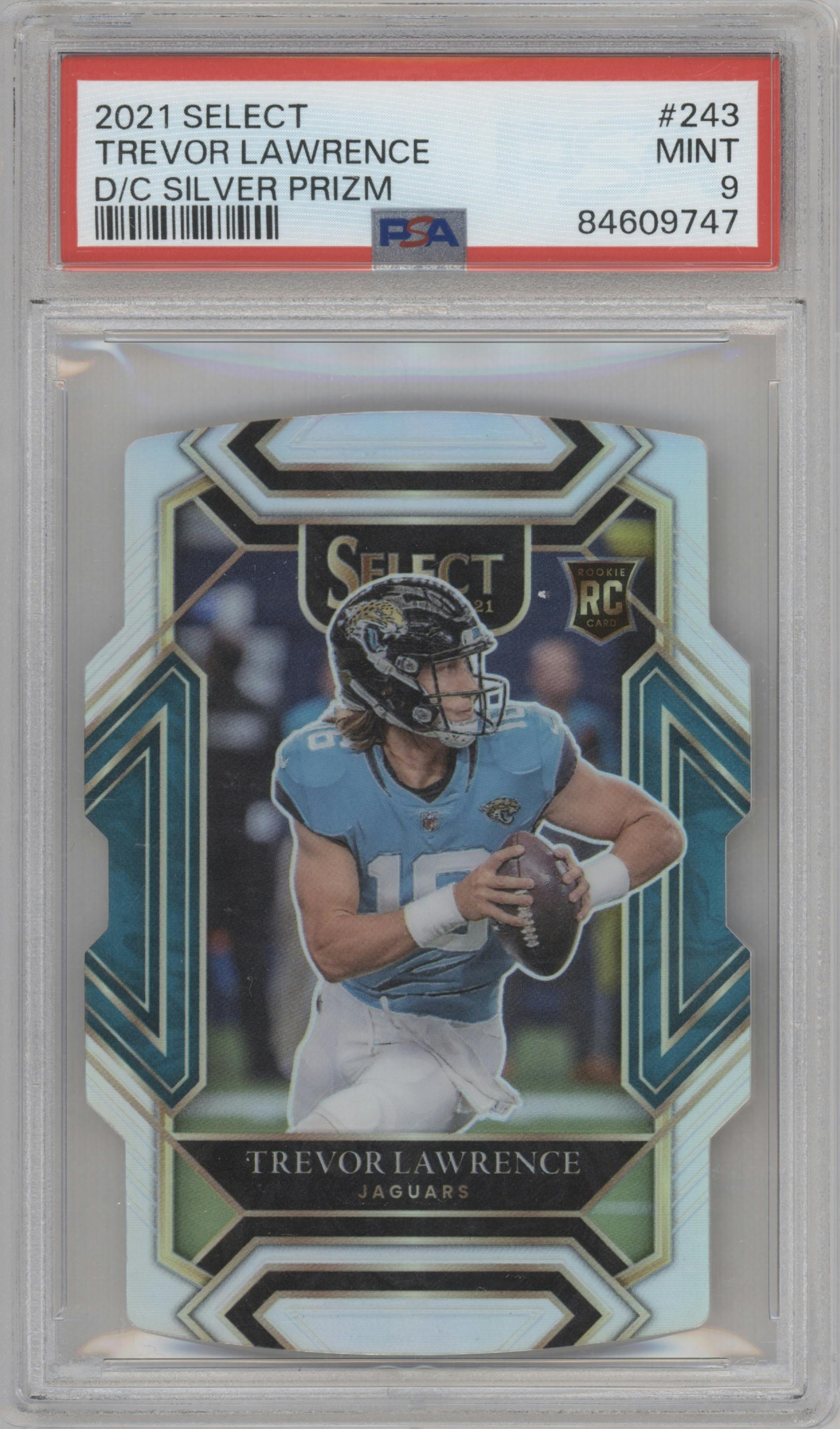 Trevor Lawrence from the 2021 Panini Select set featuring a Die-Cut Silver parallel graded by PSA and given an overall grade of 9.