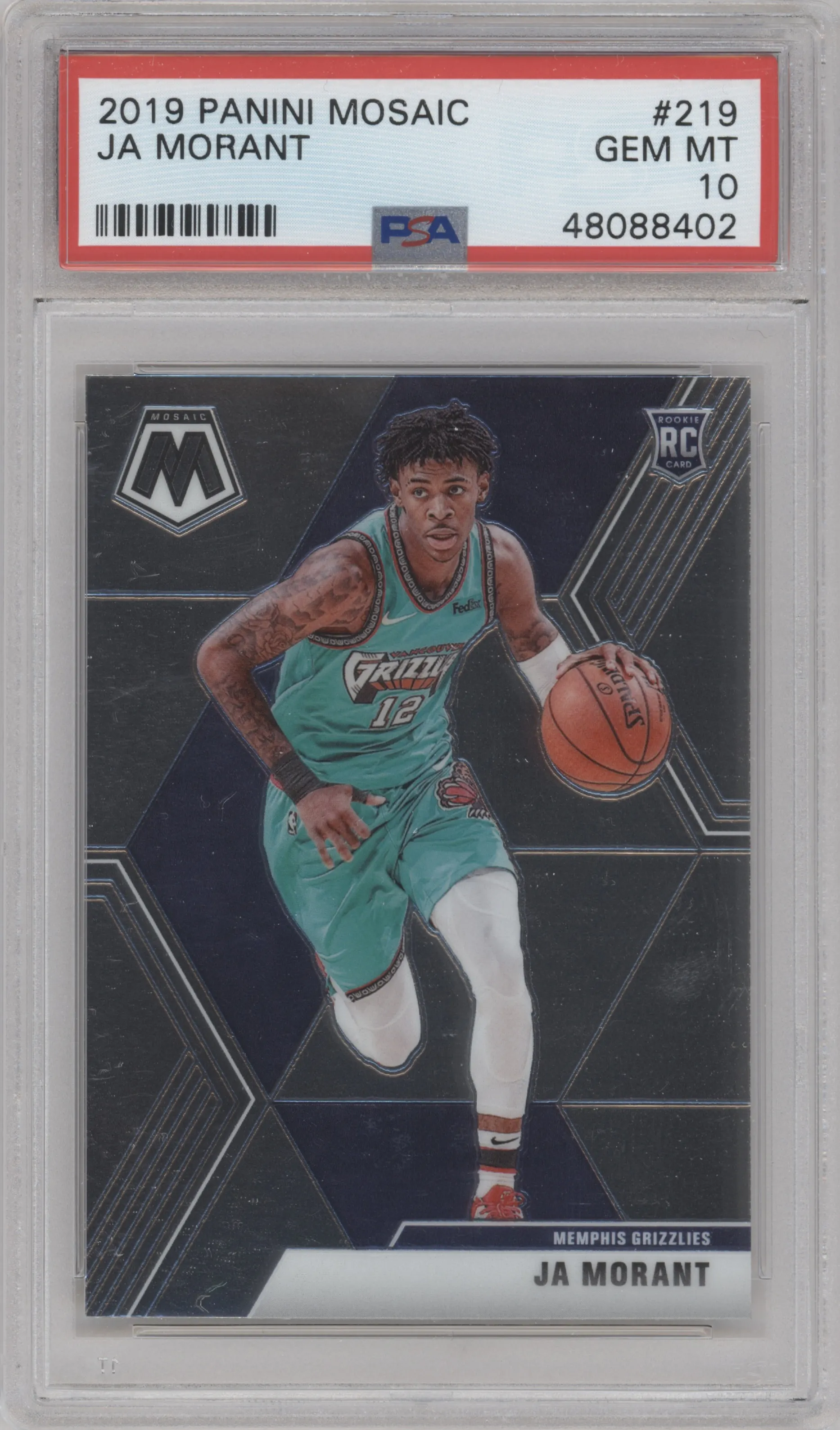 Ja Morant from the 2019-20 Panini Mosaic  set graded by PSA and given an overall grade of 10.