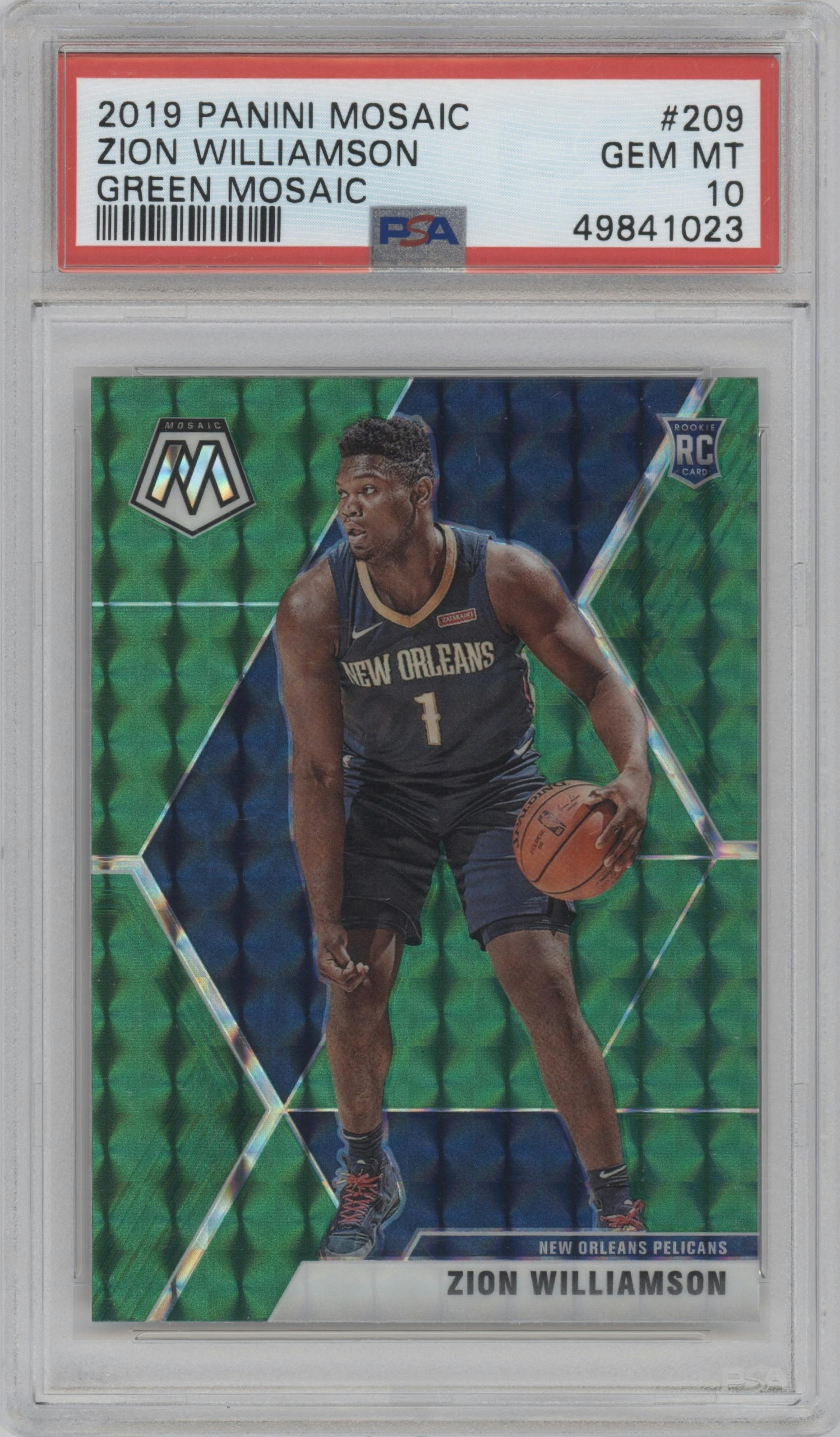 Zion Williamson  from the 2019-20 Panini Mosaic  set featuring a Green Mosaic parallel graded by PSA and given an overall grade of 10.