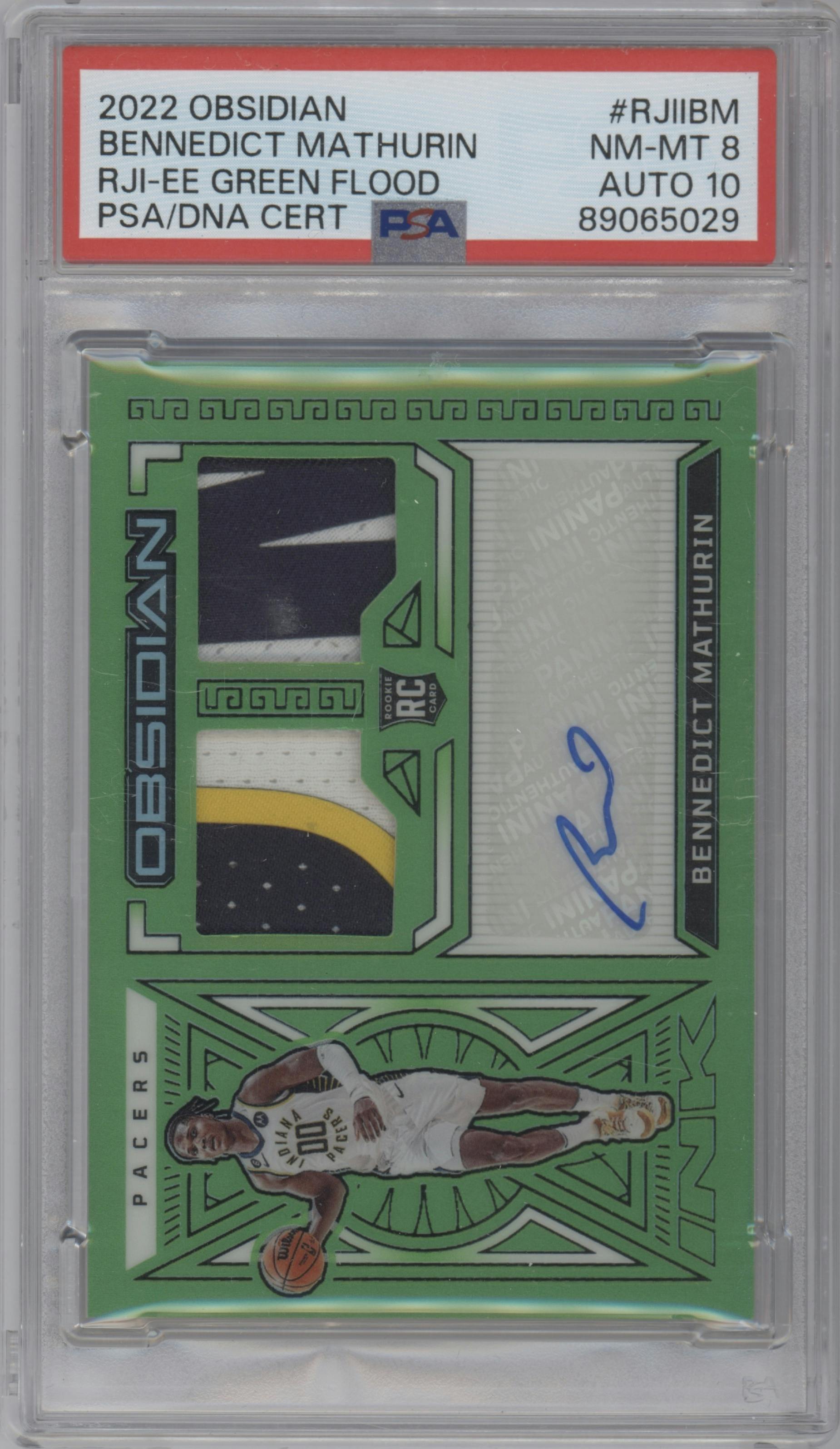 Bennedict Mathurin from the 2022-23 Panini Obsidian set featuring a Green Flood parallel graded by PSA and given an overall grade of 8.