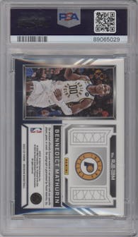 Bennedict Mathurin from the 2022-23 Panini Obsidian set featuring a Green Flood parallel graded by PSA and given an overall grade of 8.