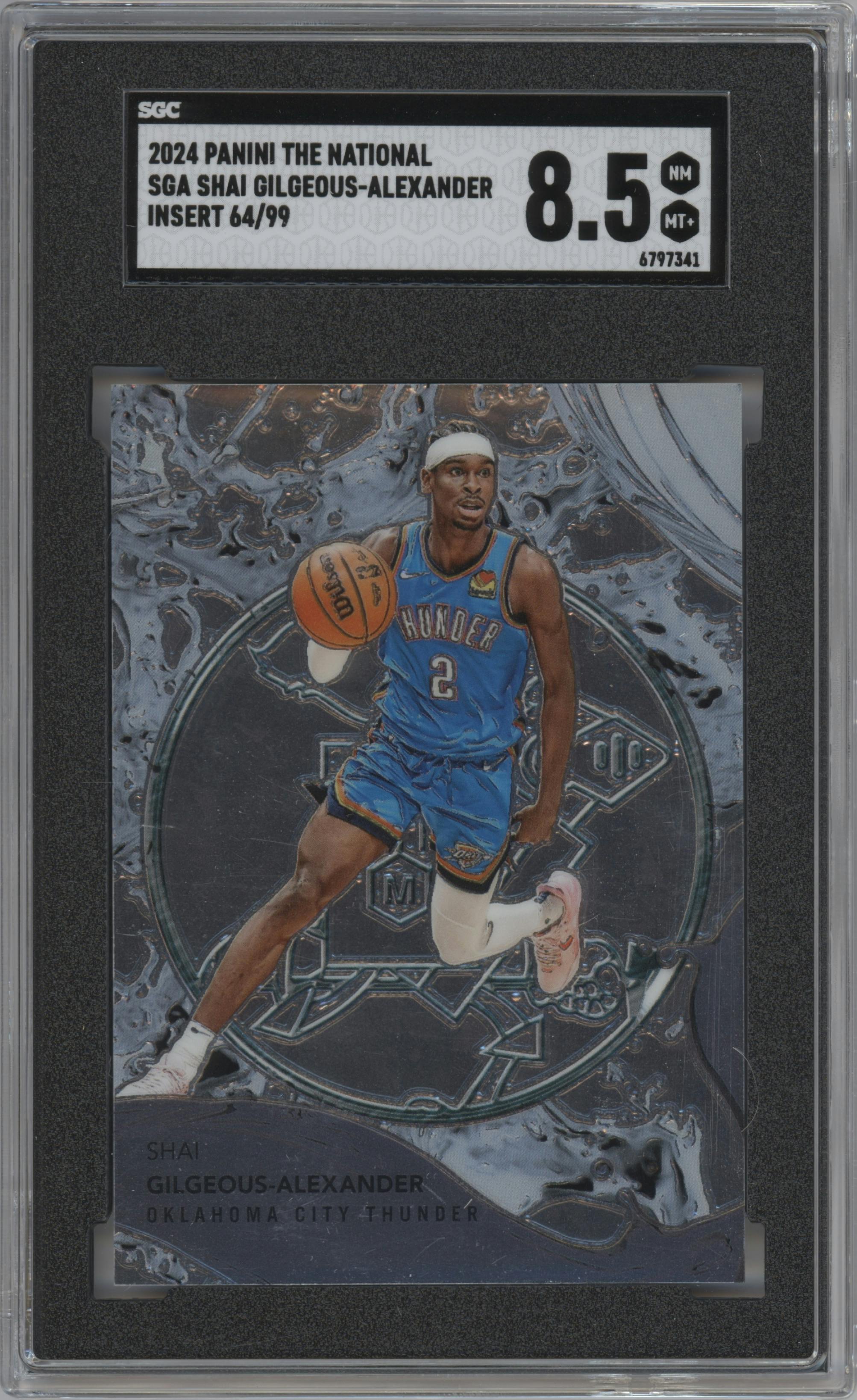 Shai Gilgeous-Alexander from the 2024 Panini The National VIP set graded by SGC and given an overall grade of 8.5.