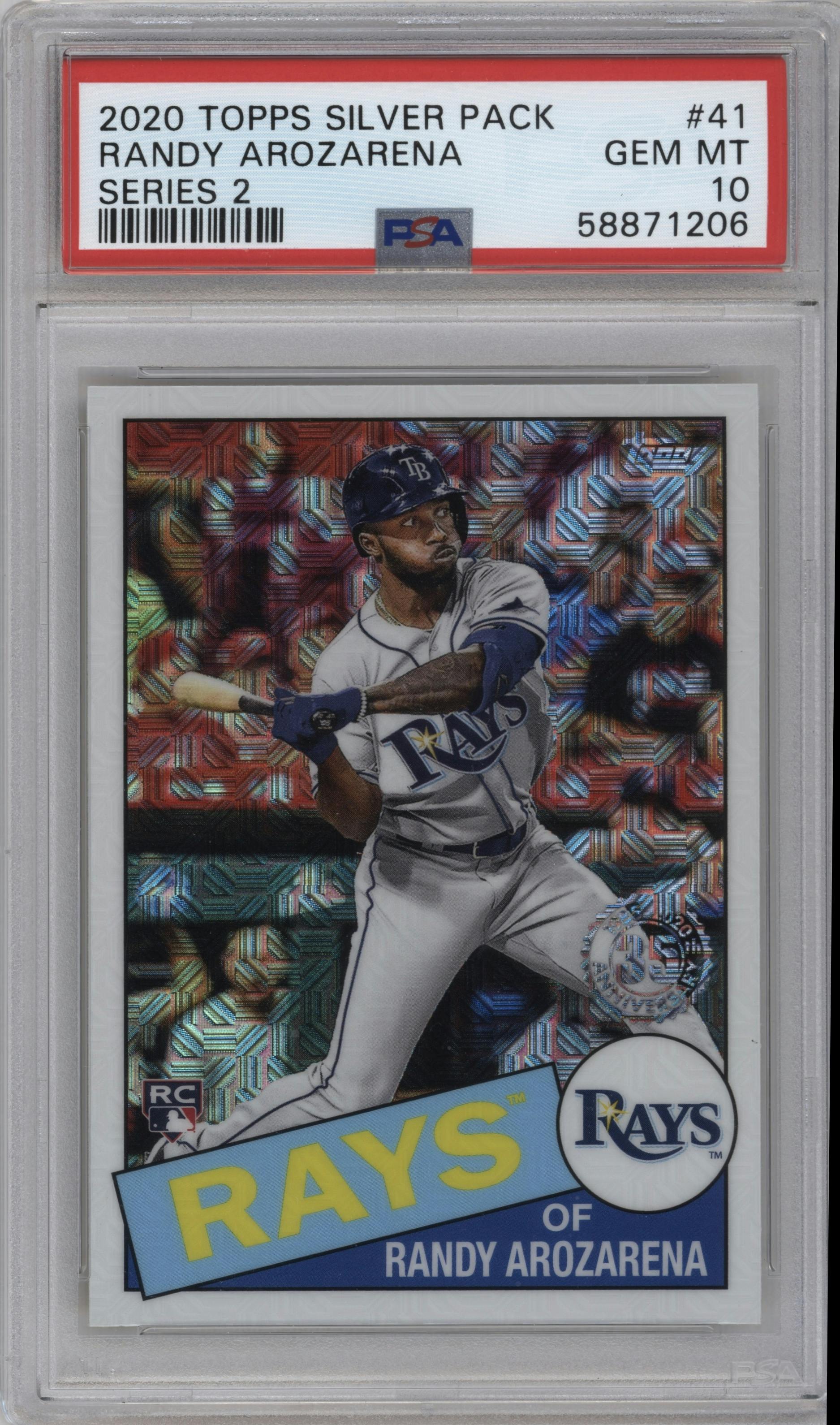 Randy Arozarena from the 2020 Topps Silver Pack set graded by PSA and given an overall grade of 10.
