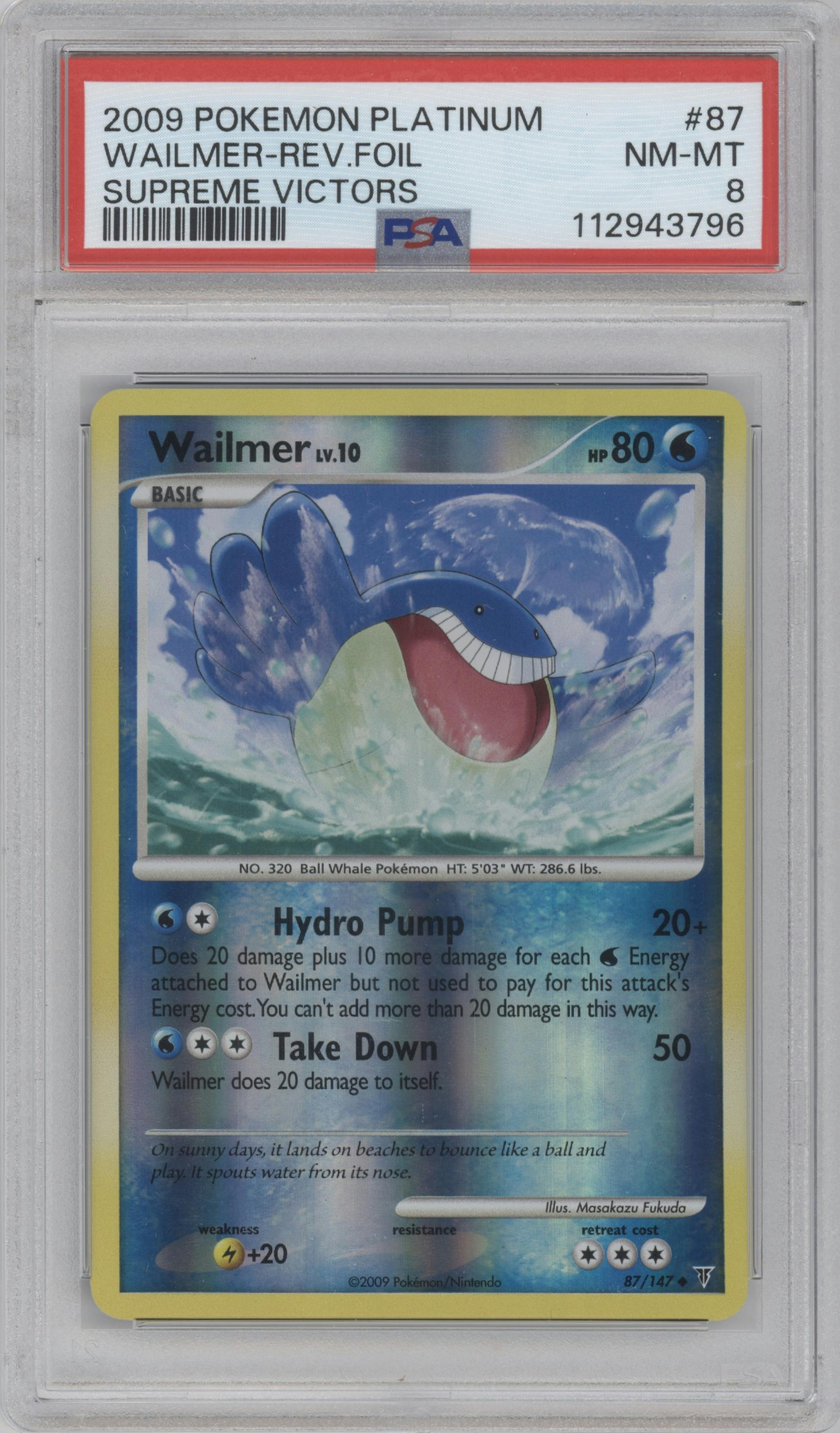 Wailmer from the 2009 Pokemon Platinum set graded by PSA and given an overall grade of 8.