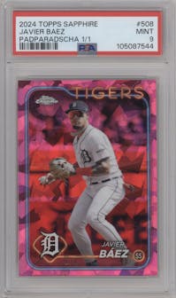 Javier Baez from the 2024 Topps Chrome Sapphire set featuring a Padparadscha parallel graded by PSA and given an overall grade of 9.