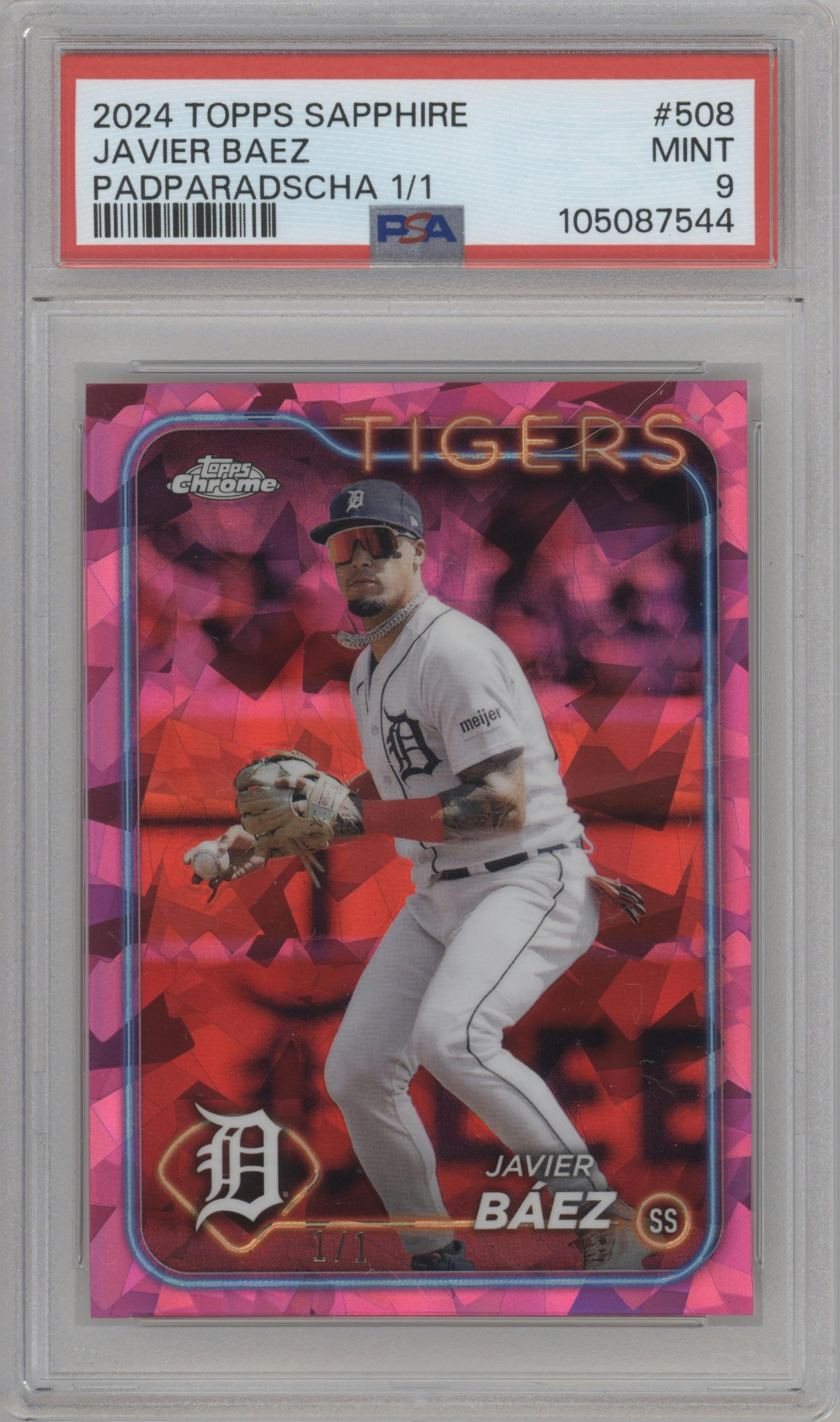 Javier Baez from the 2024 Topps Chrome Sapphire set featuring a Padparadscha parallel graded by PSA and given an overall grade of 9.