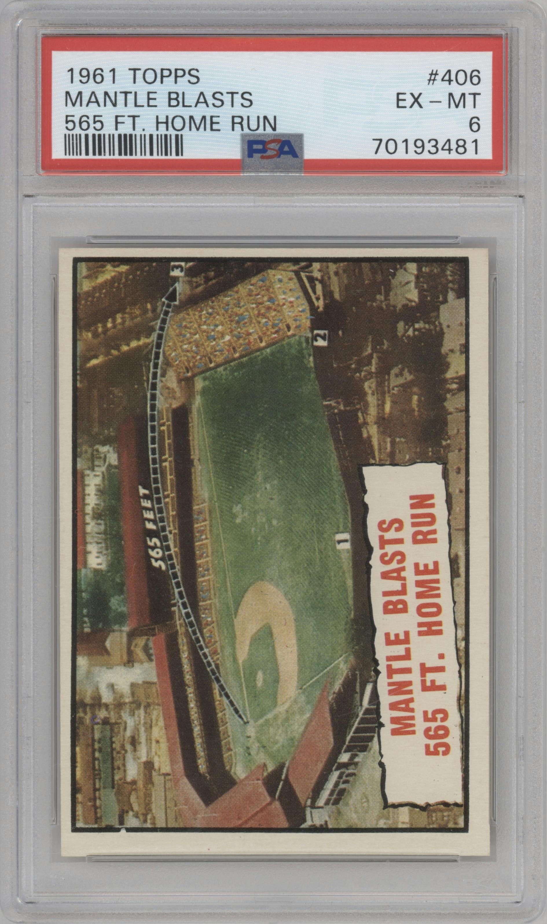 Mantle Blasts 565 ft. Home Run from the 1961 Topps set graded by PSA and given an overall grade of 6.