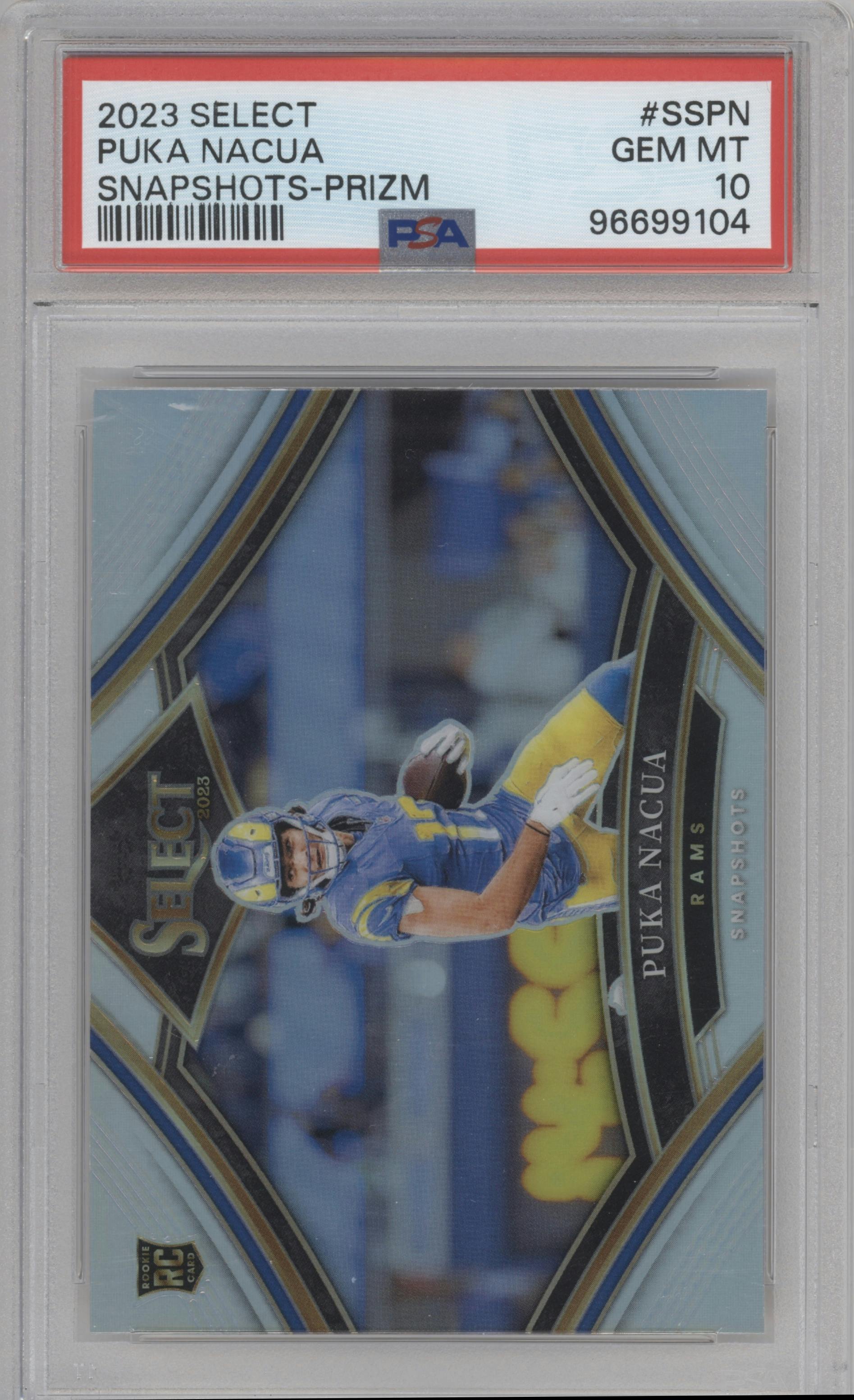 Puka Nacua from the 2023 Panini Select set featuring a Prizm parallel graded by PSA and given an overall grade of 10.