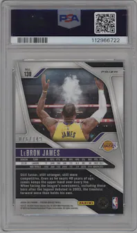 LeBron James from the 2024-25 Panini Prizm set featuring a Purple Ice parallel graded by PSA and given an overall grade of 10.