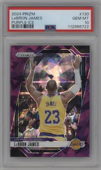 LeBron James from the 2024-25 Panini Prizm set featuring a Purple Ice parallel graded by PSA and given an overall grade of 10.
