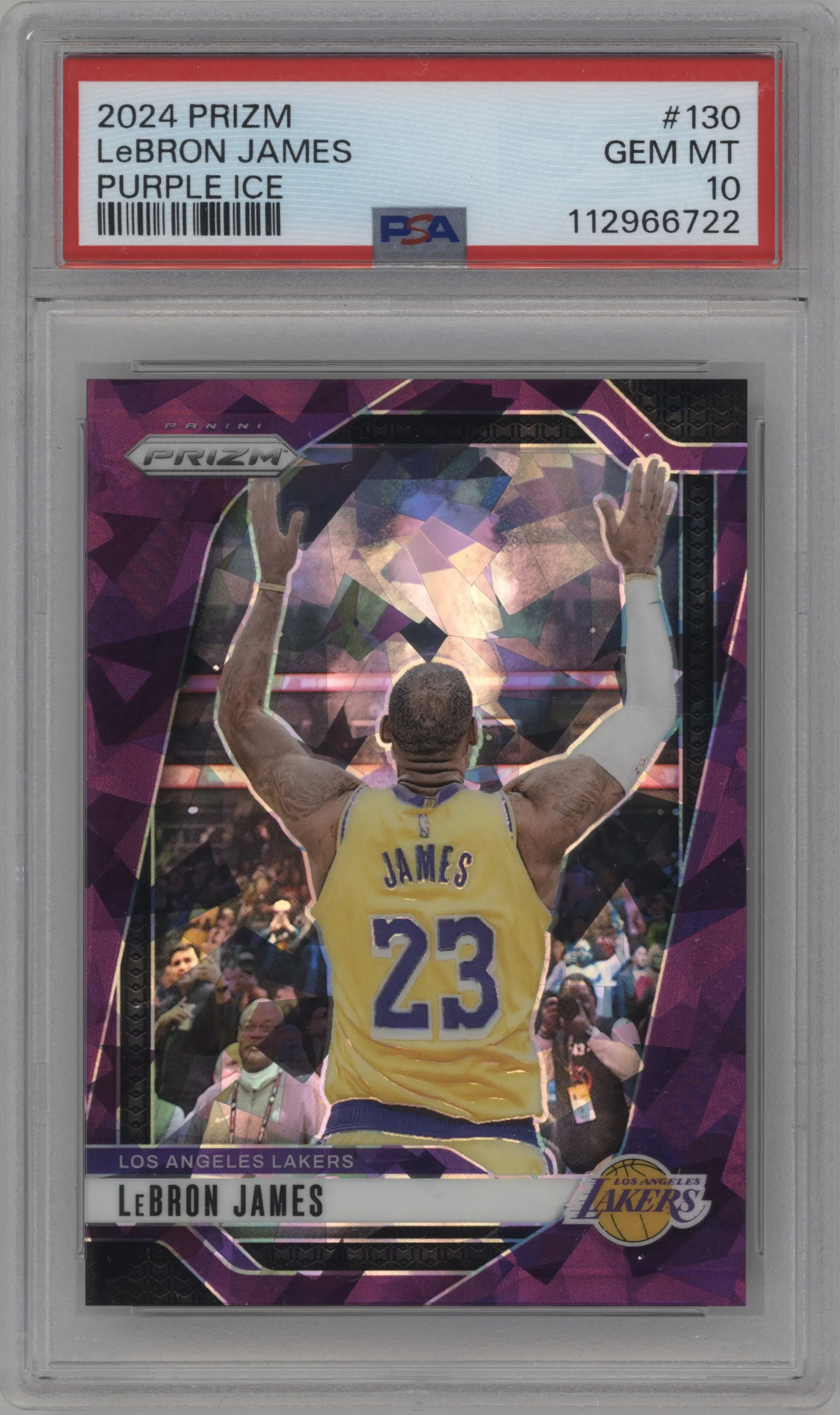 LeBron James from the 2024-25 Panini Prizm set featuring a Purple Ice parallel graded by PSA and given an overall grade of 10.