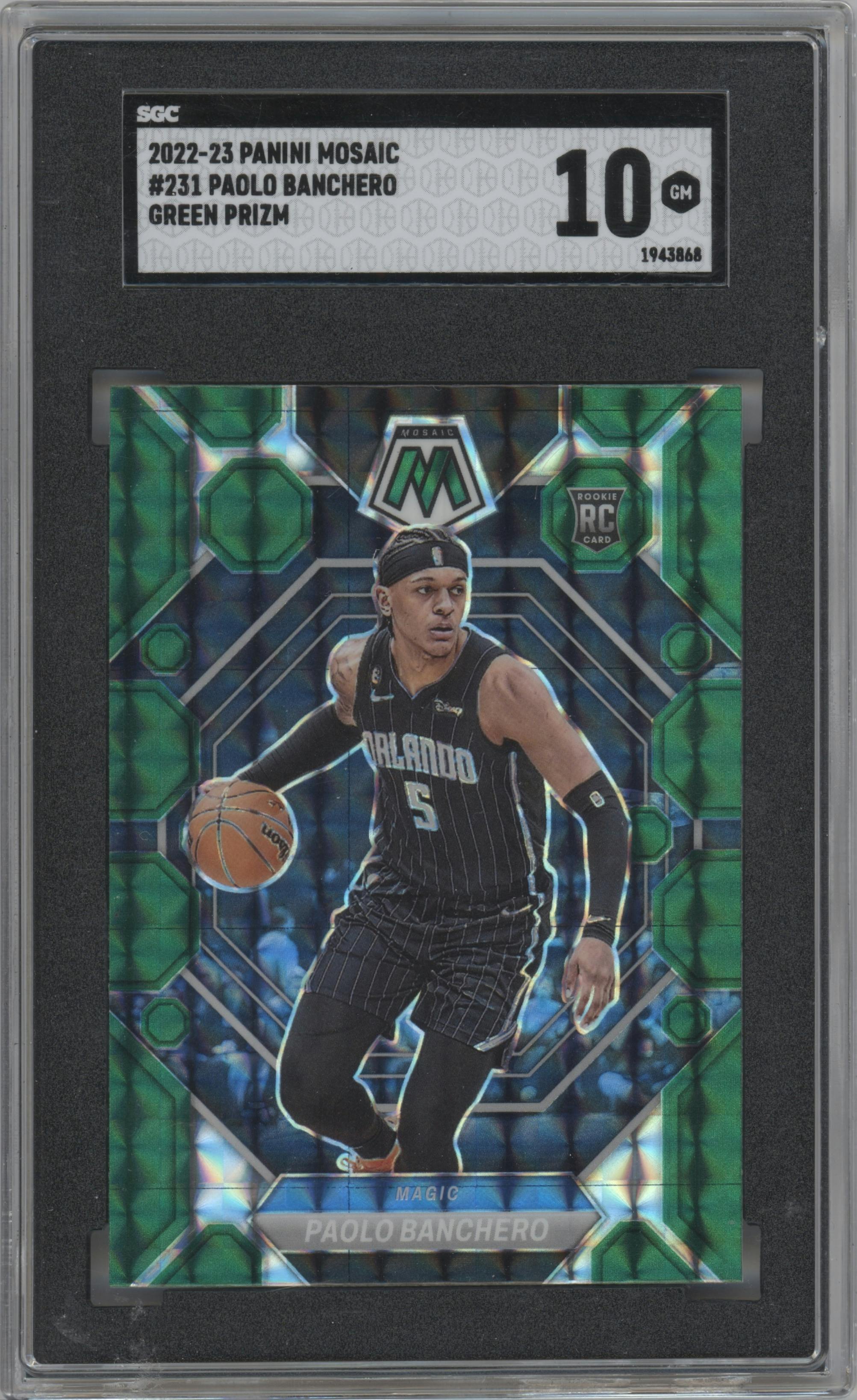 Paolo Banchero from the 2022-23 Panini Mosaic set featuring a Green Mosaic parallel graded by SGC and given an overall grade of 10.
