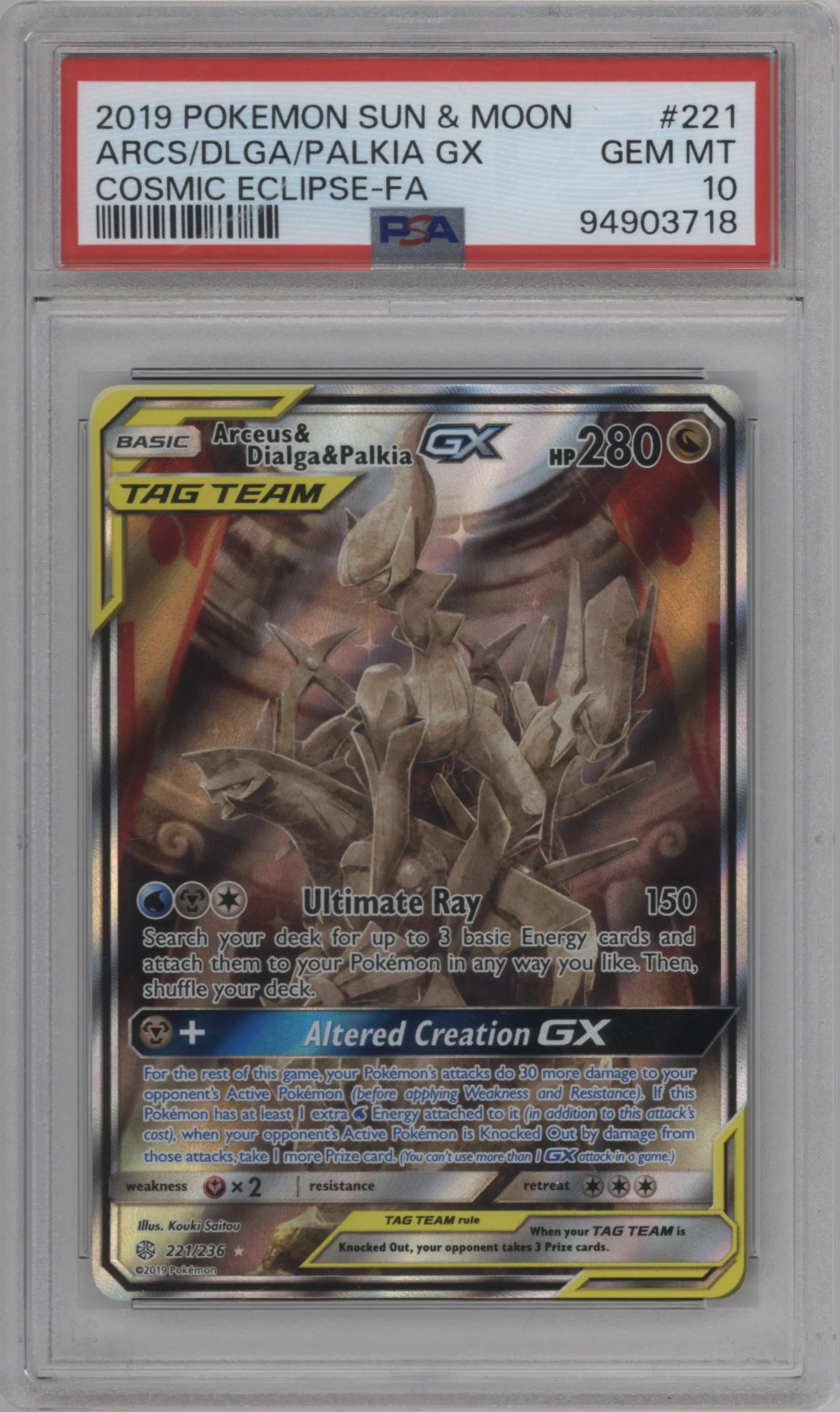 Arceus/Dialga/Palkia GX from the 2019 Pokemon S&M  set graded by PSA and given an overall grade of 10.