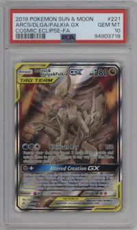Arceus/Dialga/Palkia GX from the 2019 Pokemon S&M set graded by PSA and given an overall grade of 10.
