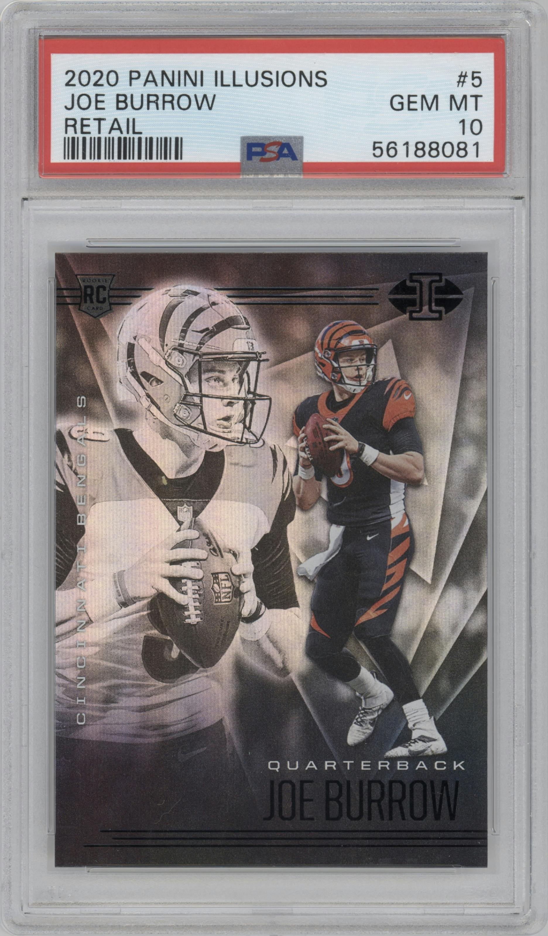 Joe Burrow from the 2020 Panini Illusions set featuring a Retail parallel graded by PSA and given an overall grade of 10.