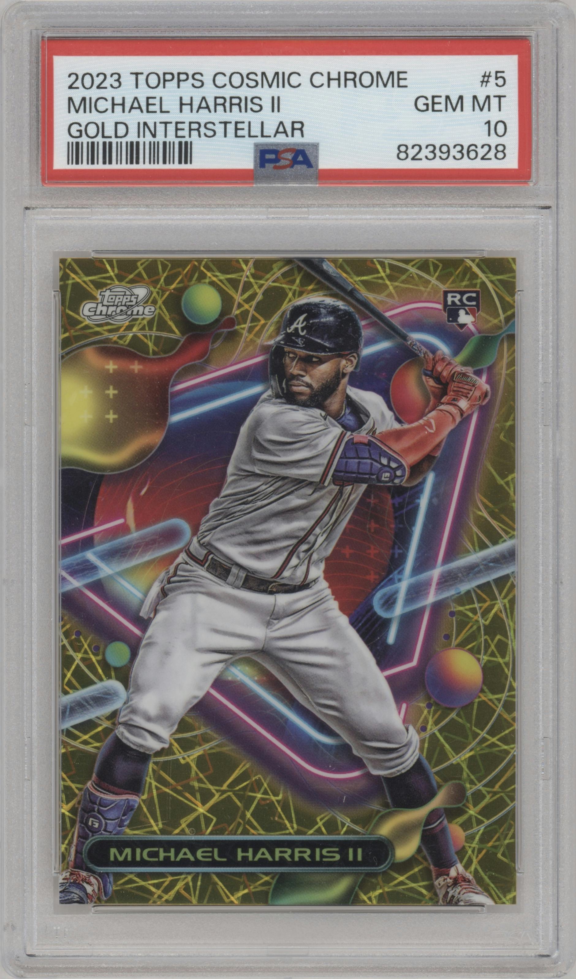  Michael Harris II from the 2023 Topps Cosmic Chrome set featuring a Gold Interstellar Refractor parallel graded by PSA and given an overall grade of 10.